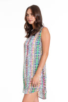 Multicolor Ikat Print - Sleeveless Half Button-up Dress APNY