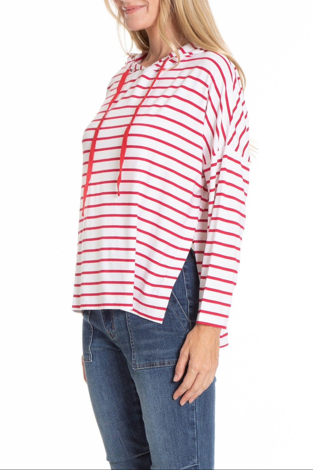Red stripe Hoddie with side Slits | left side