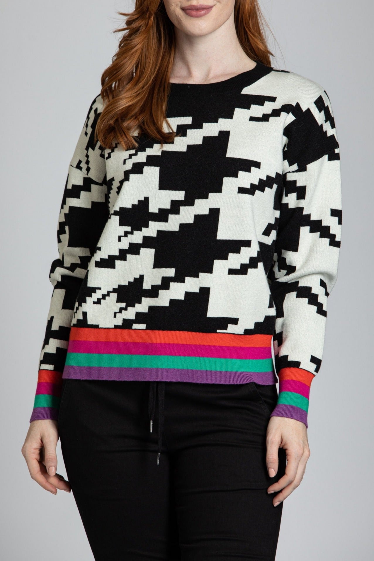 Houndstooth Pattern Pullover With Color Band APNY