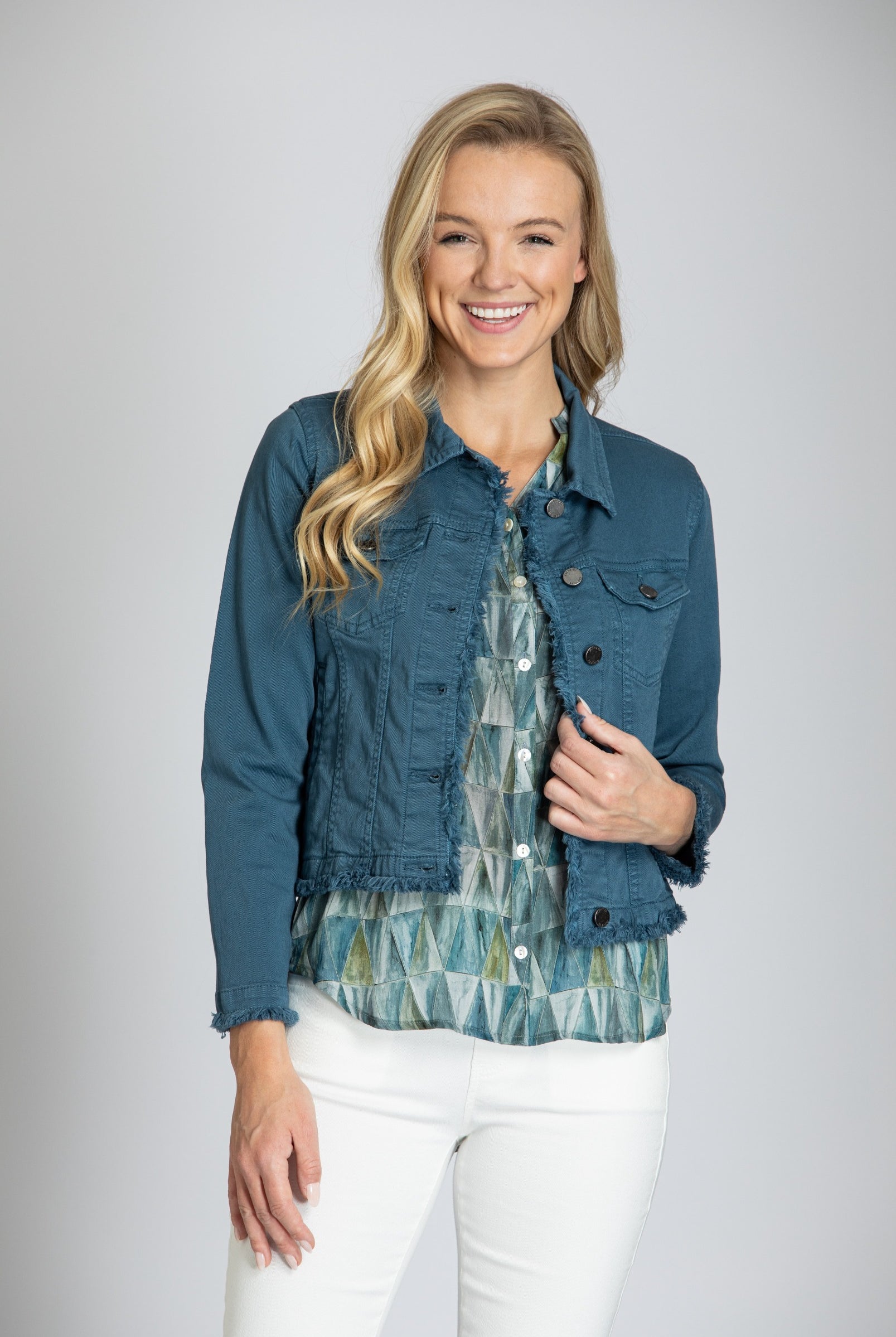 Jean Jacket With Frayed Detail Dusty Blue Front APNY