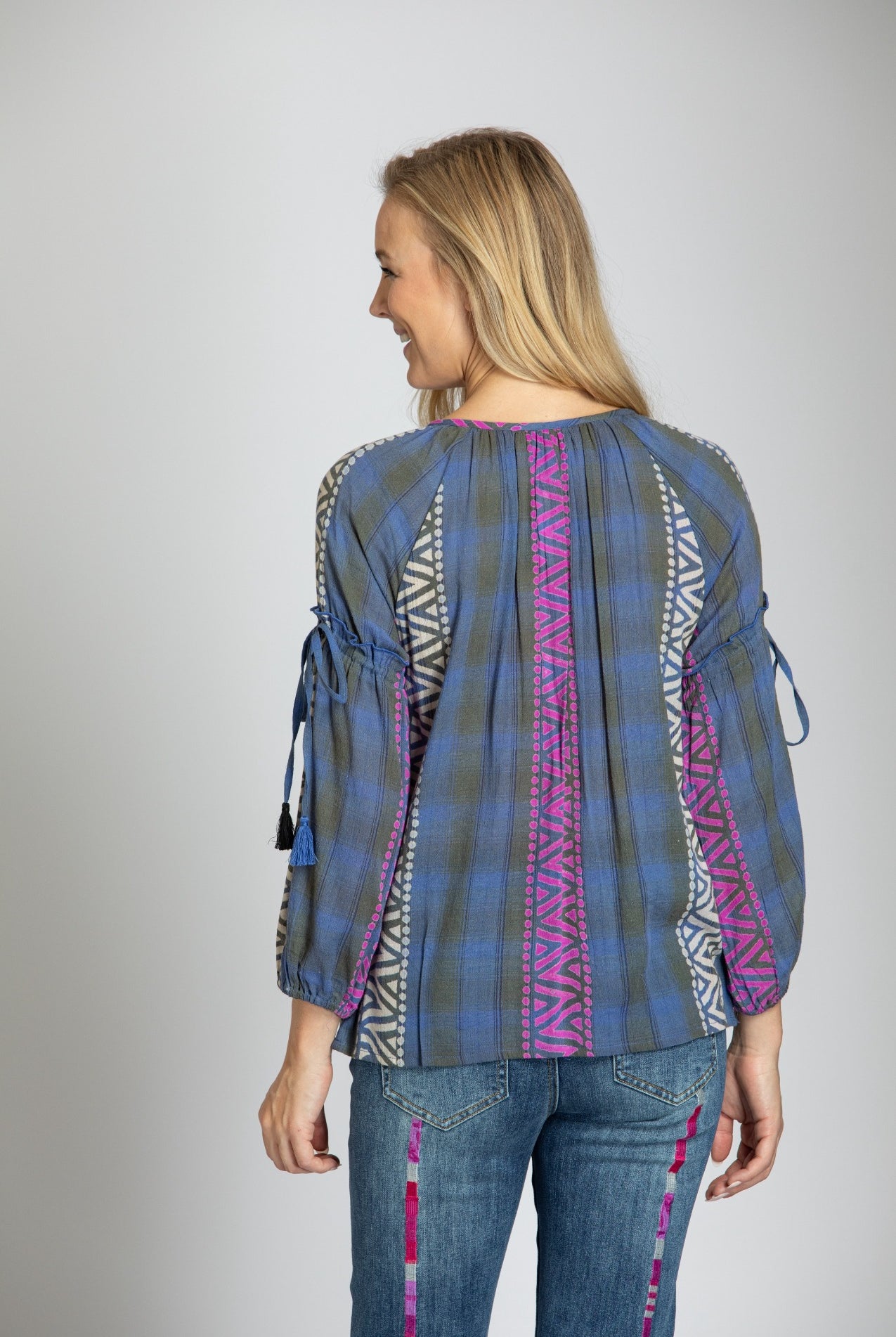 Embroidered Stripe Jacquard Top With Bishop Sleeves APNY