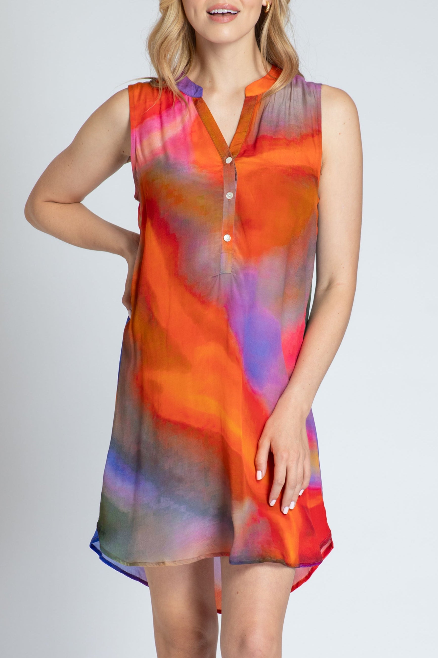 Artsy Brush Strokes Print - Sleeveless 1/2 Button-up Dress