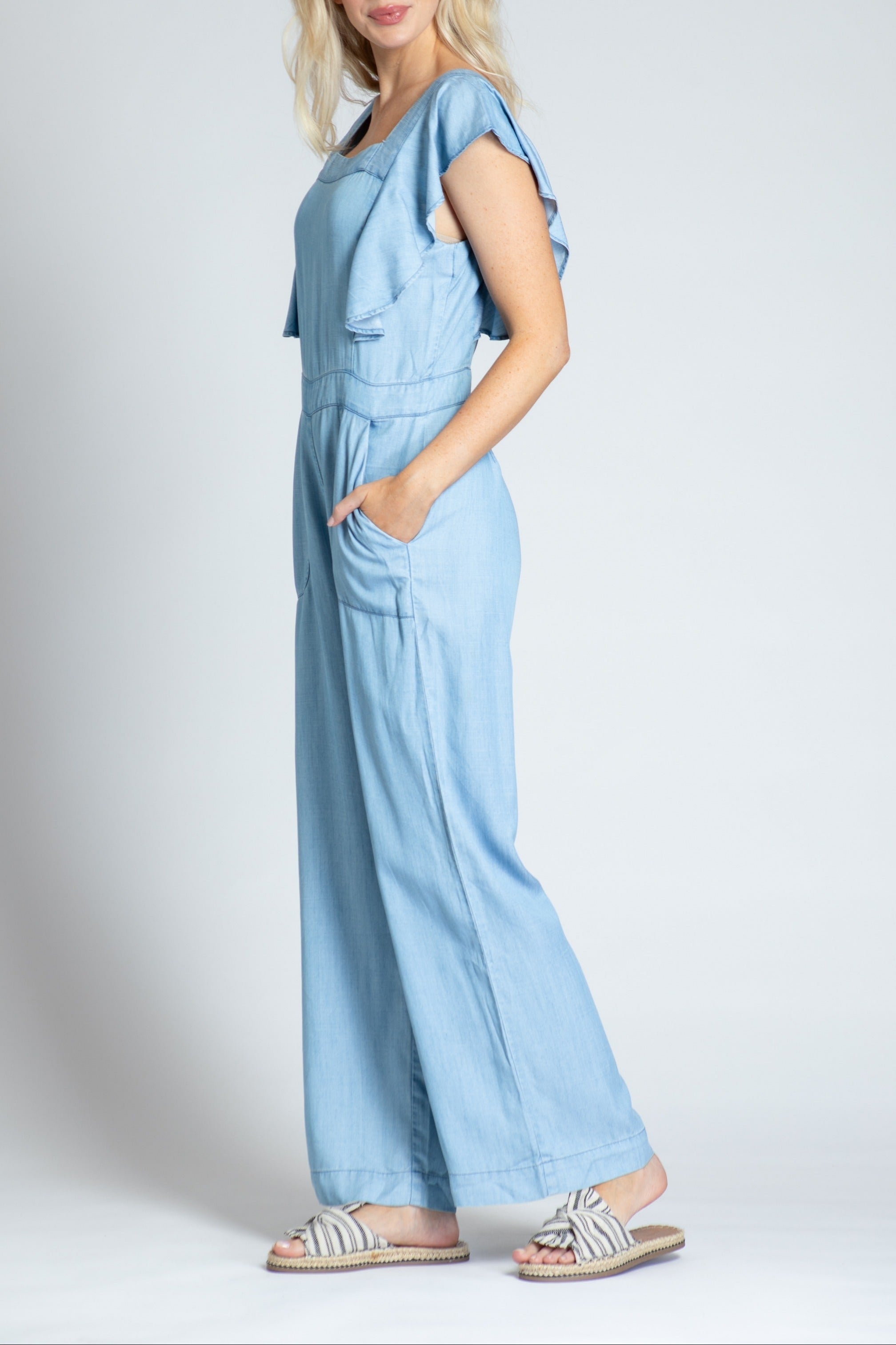 Jumpsuite With Flutter Sleeve - Light Indigo