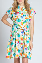 Abstract Bloom Print - Short Sleeve Shirt Dress With Self Tie | front side