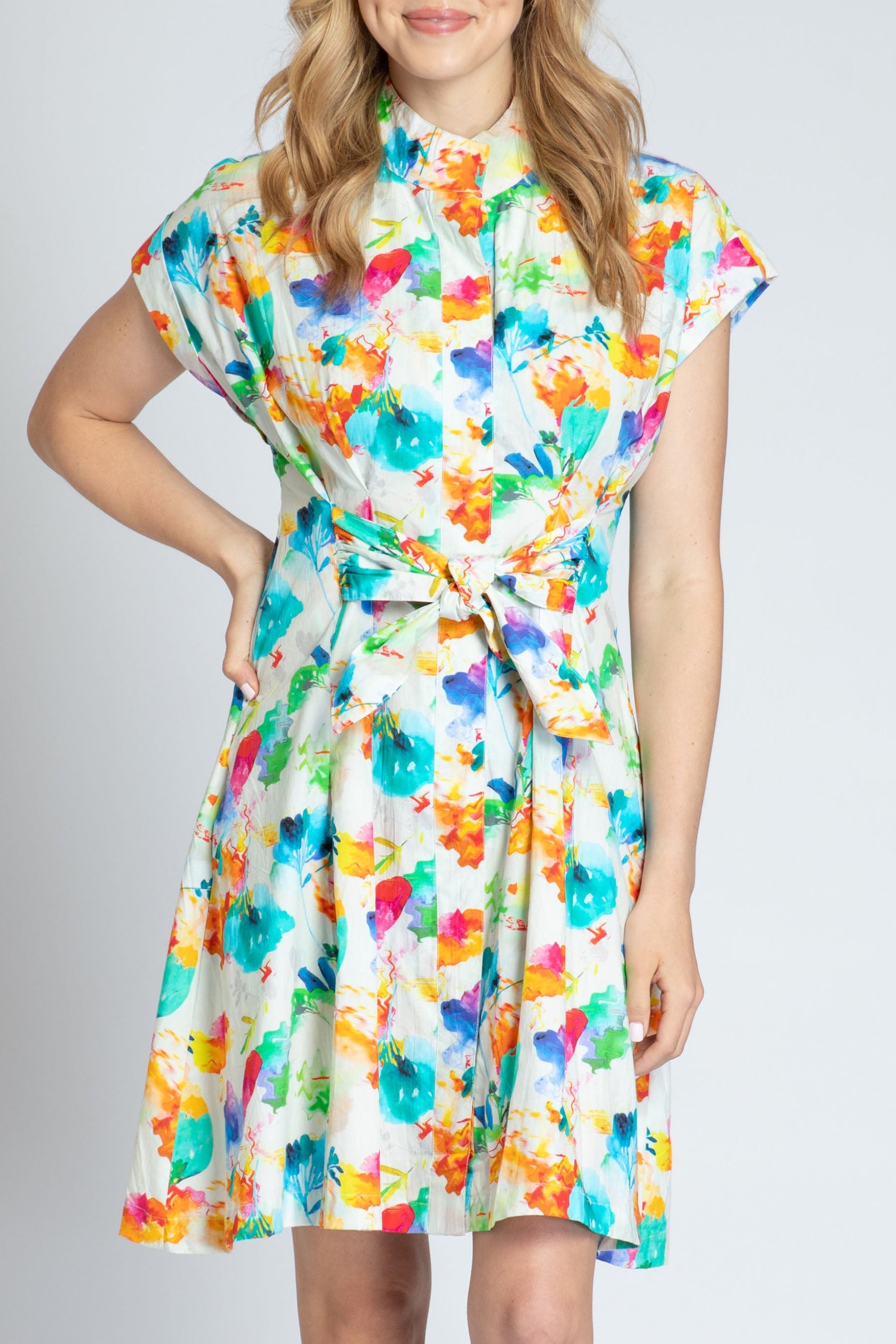Abstract Bloom Print - Short Sleeve Shirt Dress With Self Tie | front side