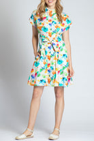 Abstract Bloom Print - Short Sleeve Shirt Dress With Self Tie | front side