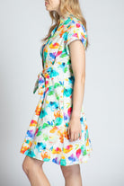 Abstract Bloom Print - Short Sleeve Shirt Dress With Self Tie | left side