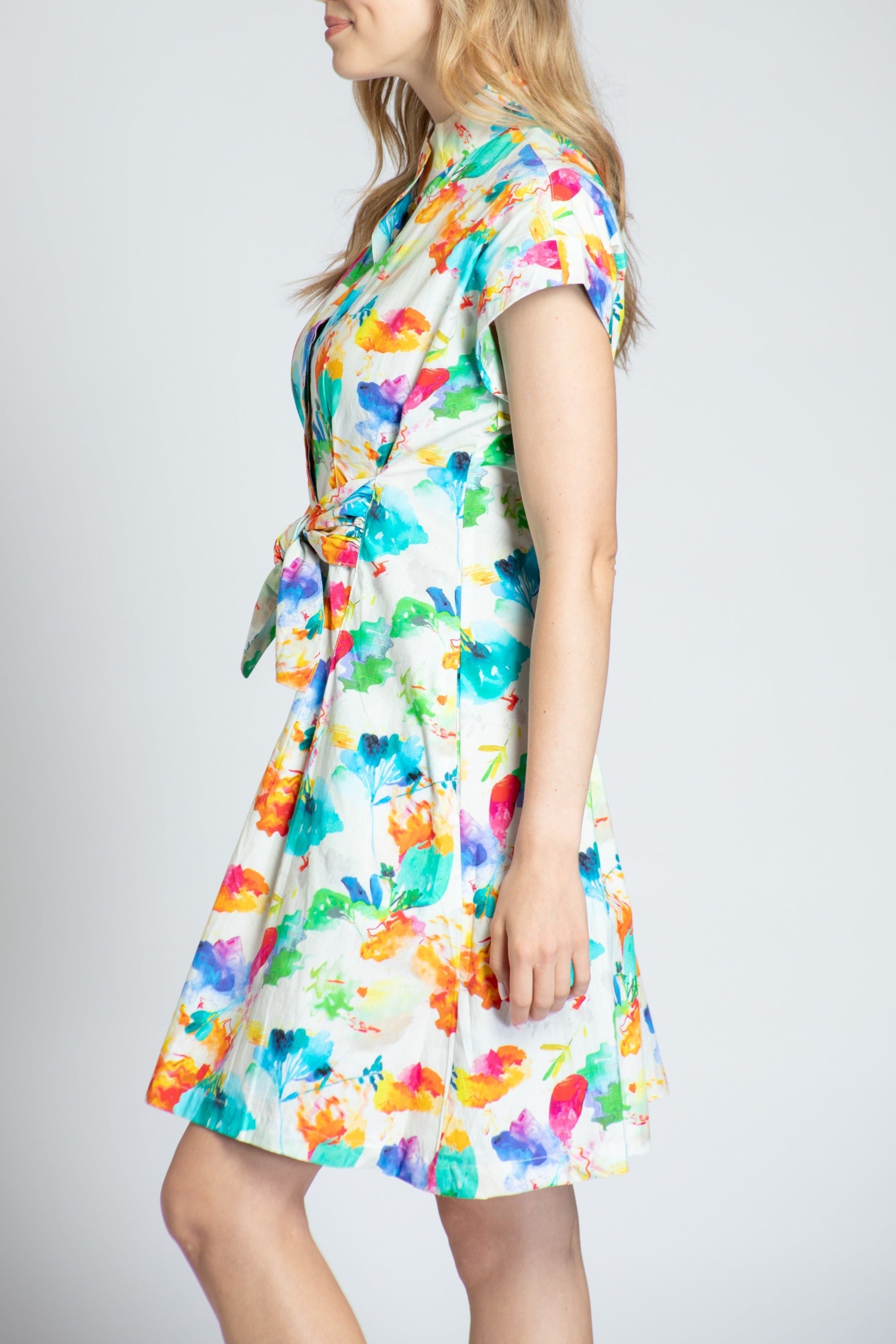 Abstract Bloom Print - Short Sleeve Shirt Dress With Self Tie | left side