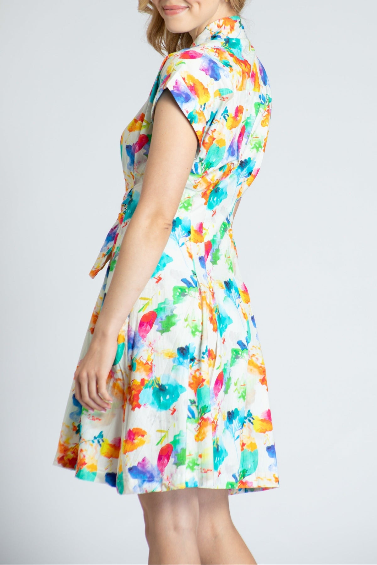 Abstract Bloom Print - Short Sleeve Shirt Dress With Self Tie | left side
