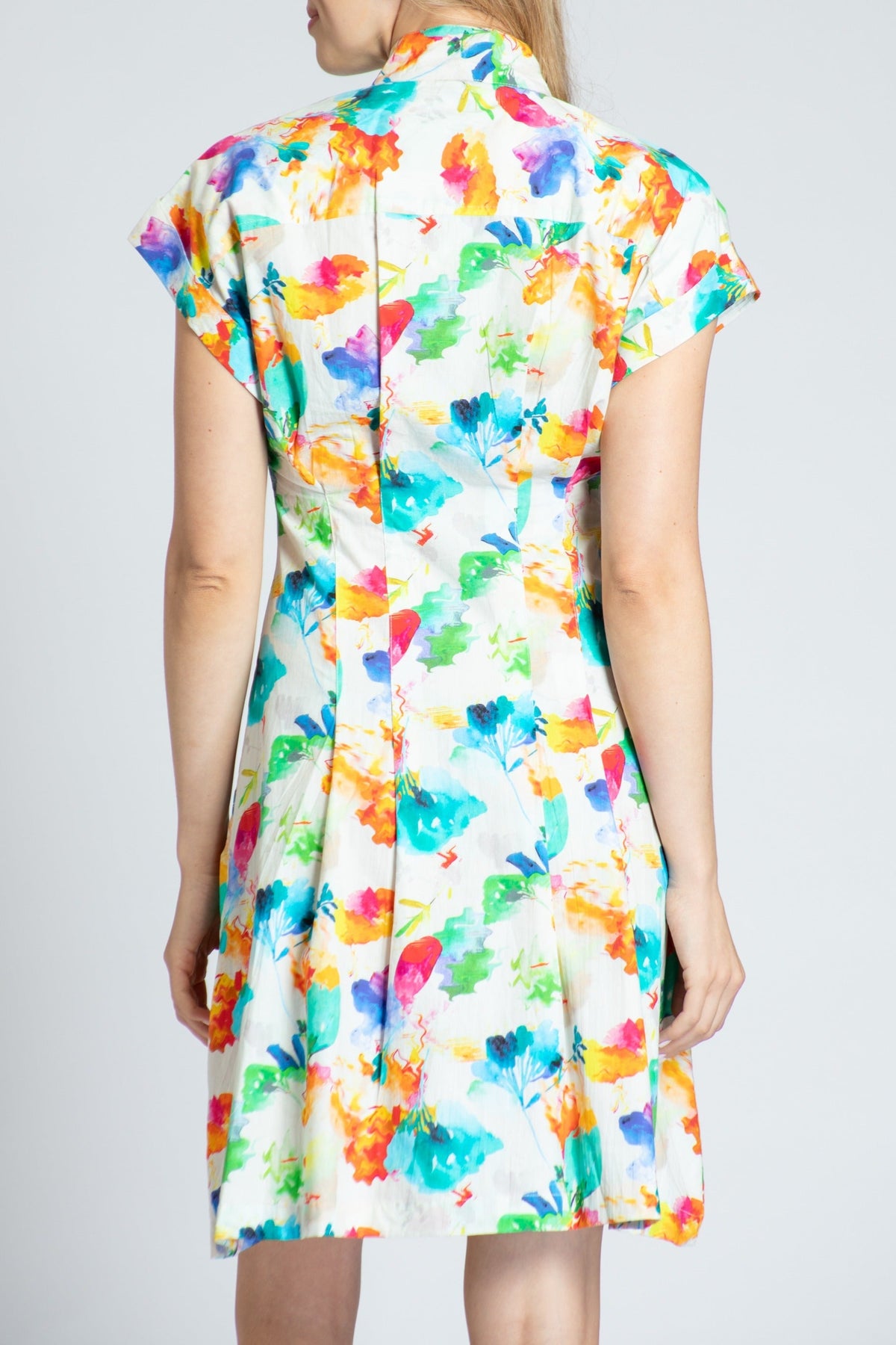 Abstract Bloom Print - Short Sleeve Shirt Dress With Self Tie | back side