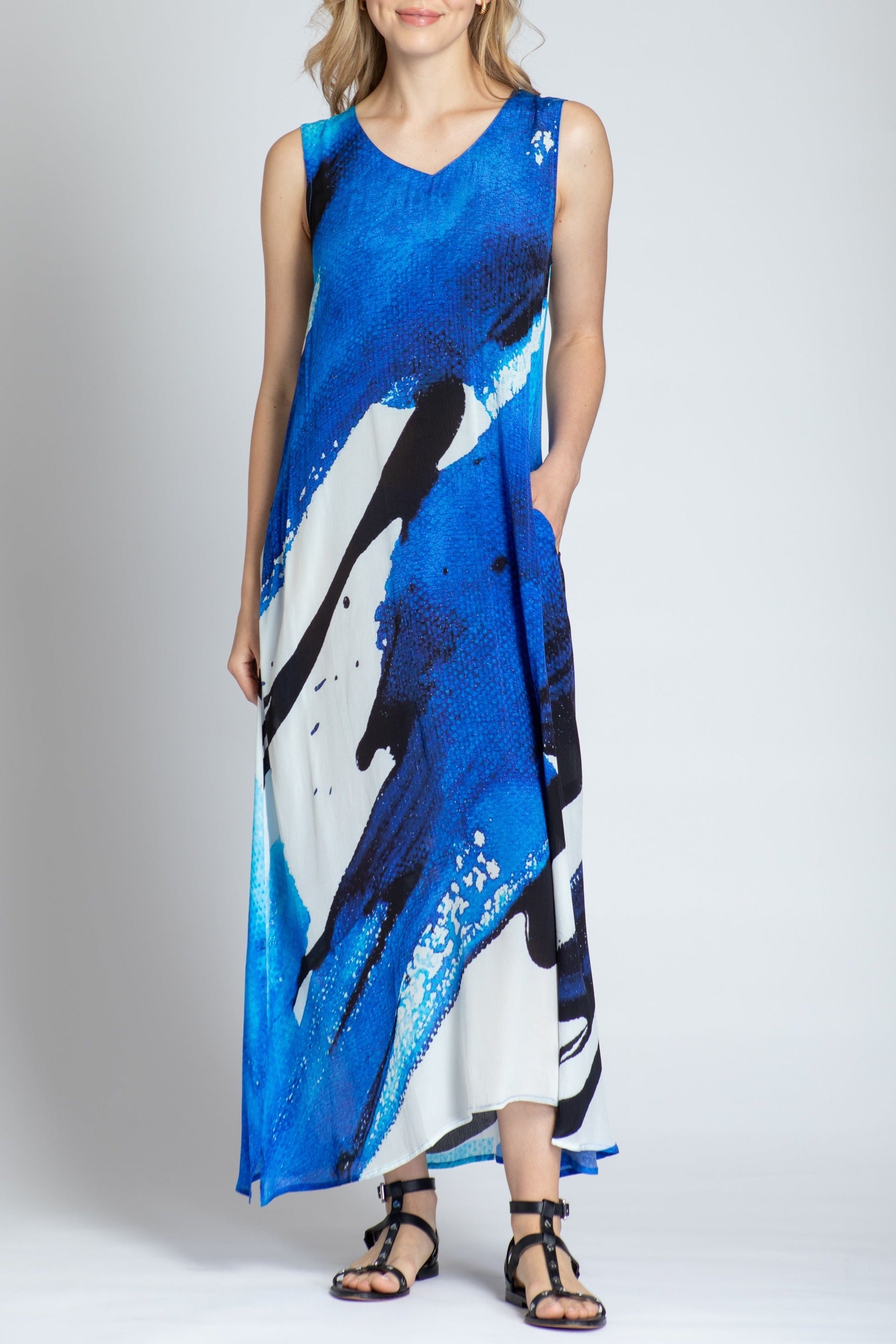 Blue & White Abstract Print - V-neck Tank Long Dress