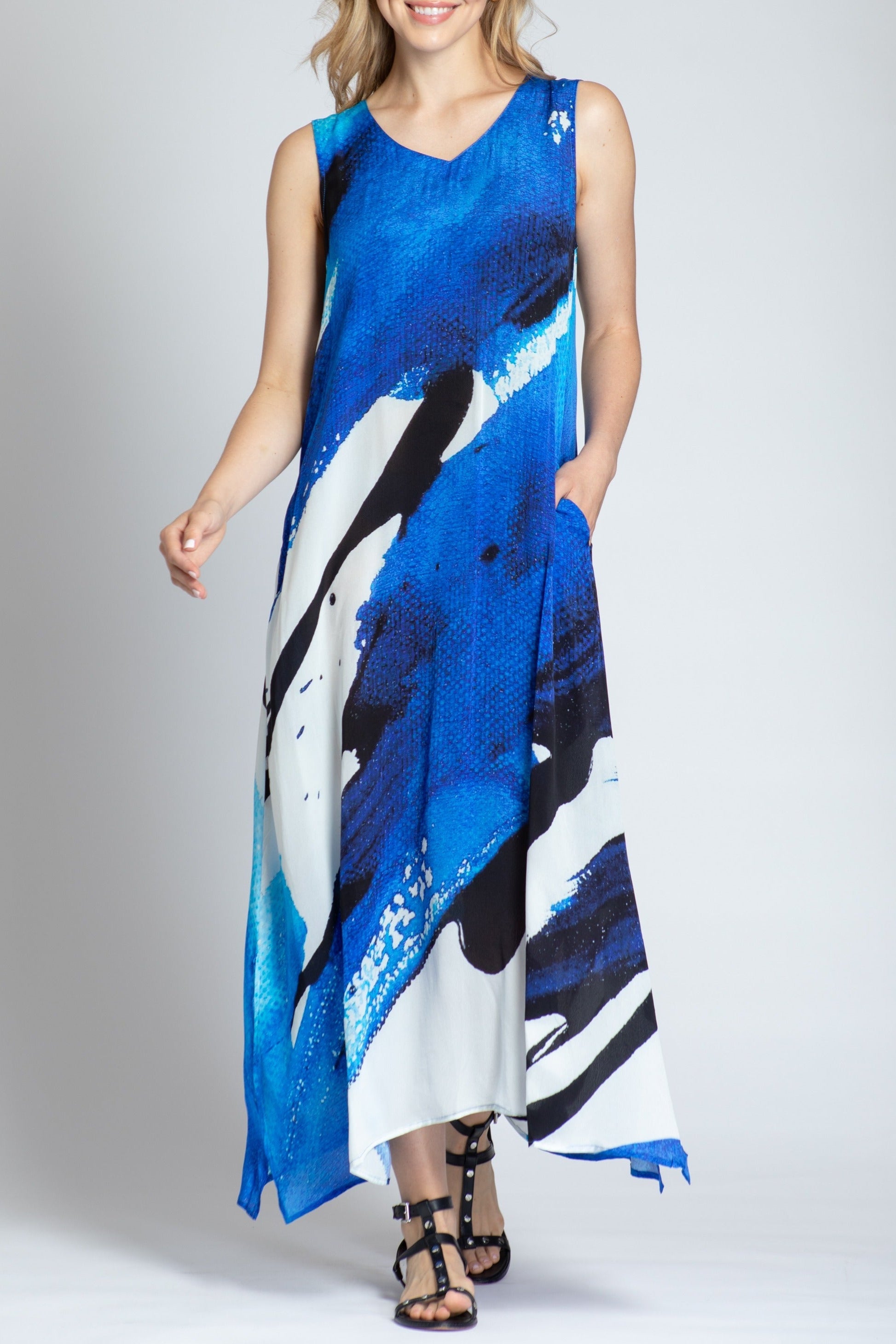 Blue & White Abstract Print - V-neck Tank Long Dress