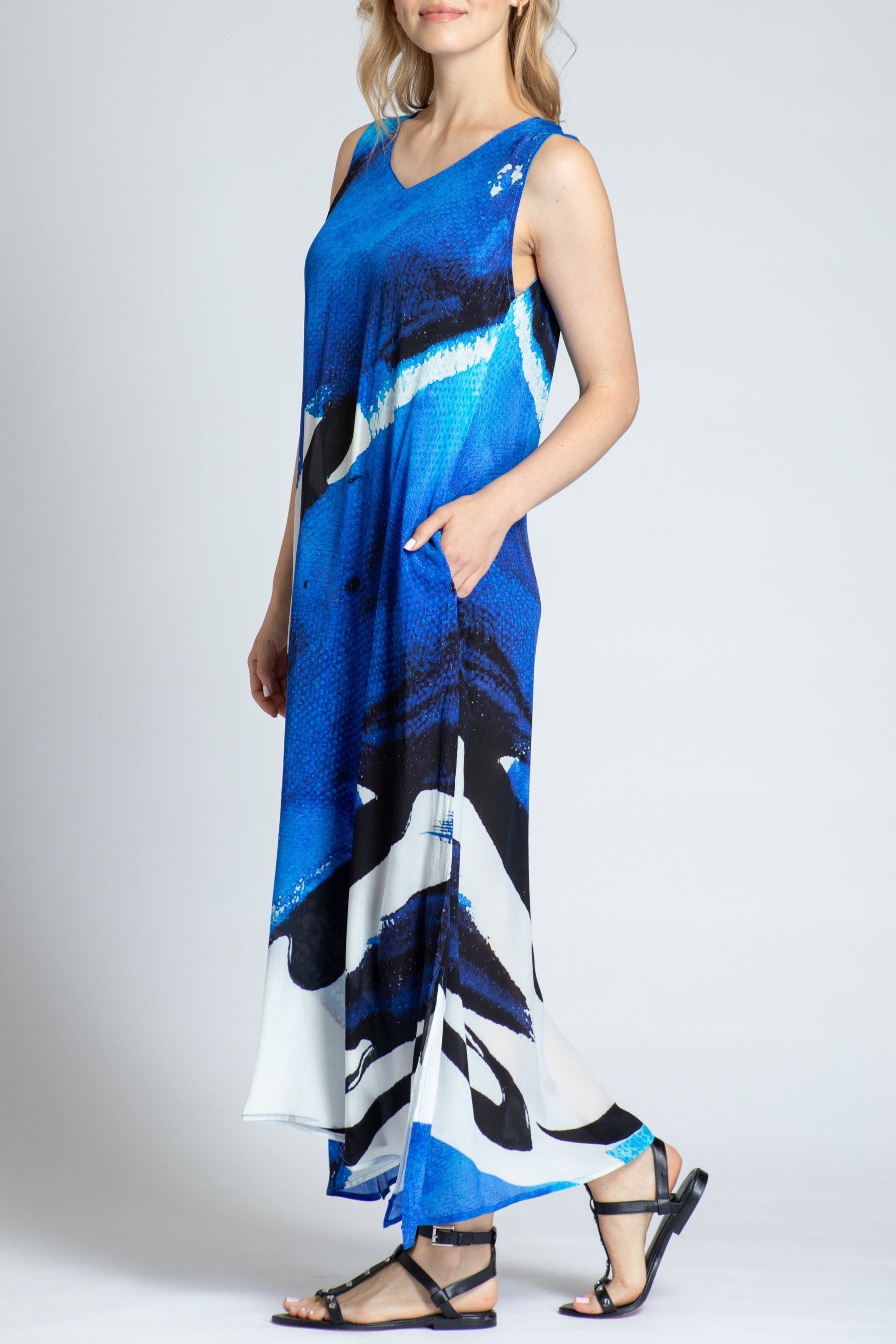 Blue & White Abstract Print - V-neck Tank Long Dress