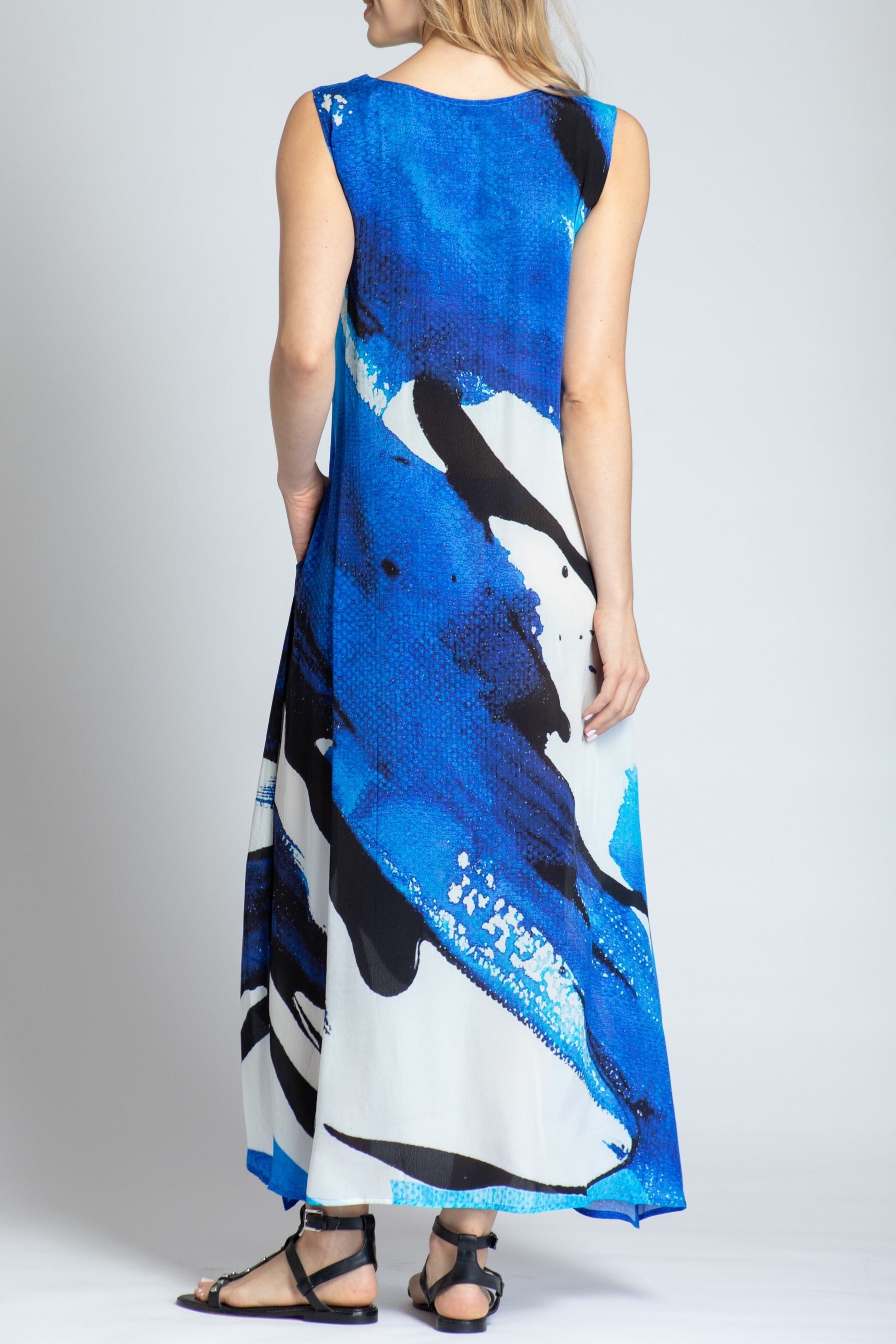 Blue & White Abstract Print - V-neck Tank Long Dress