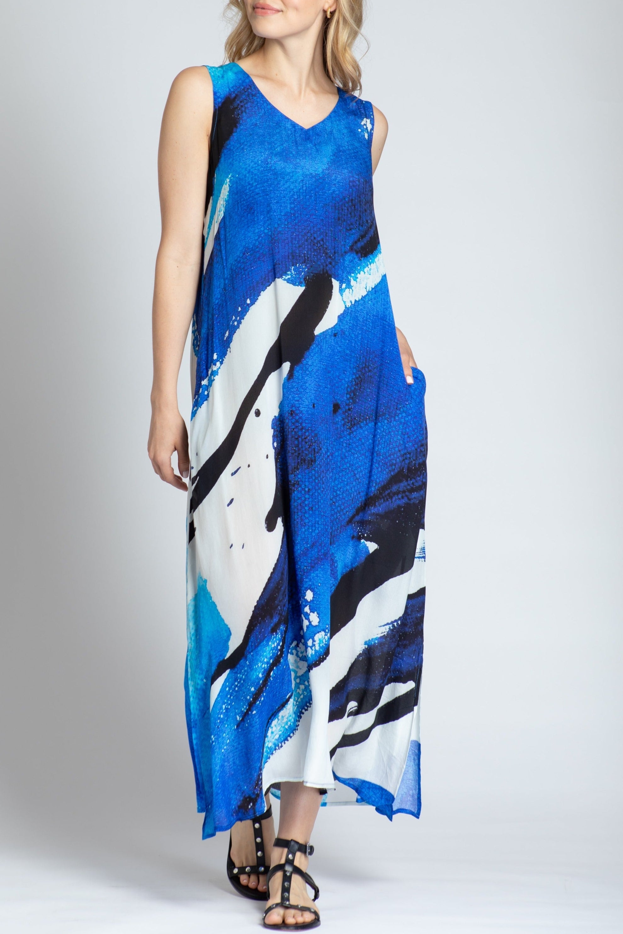 Blue & White Abstract Print - V-neck Tank Long Dress