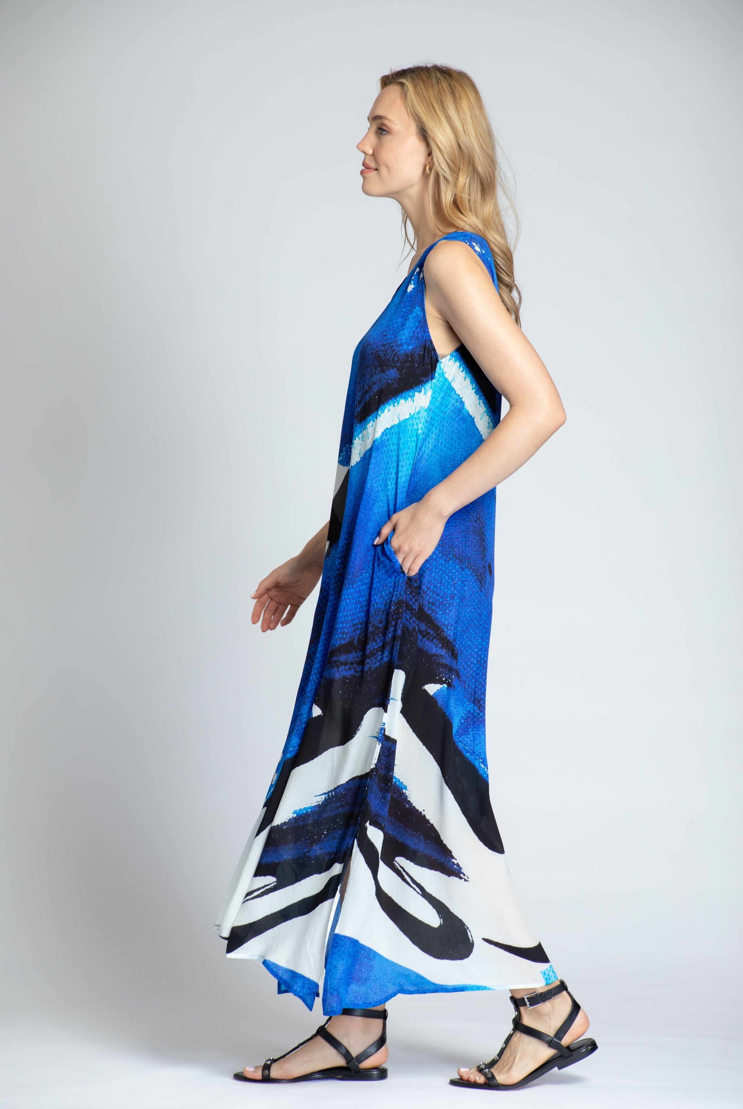 Blue & White Abstract Print - V-neck Tank Long Dress