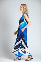 Blue & White Abstract Print - V-neck Tank Long Dress