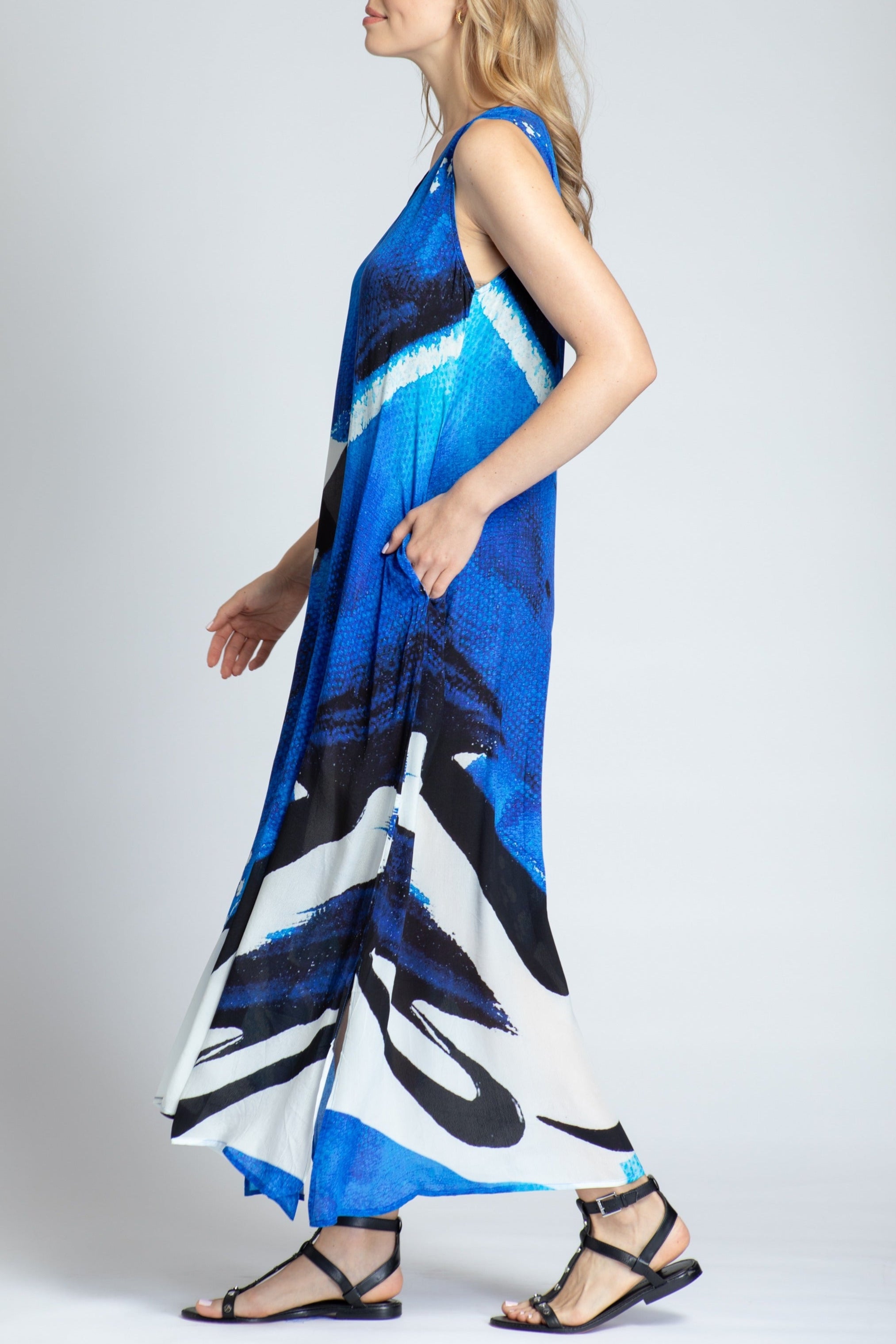 Blue & White Abstract Print - V-neck Tank Long Dress