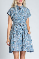 Geo Ogee Print - Short Sleeve Shirt Dress With Self Tie