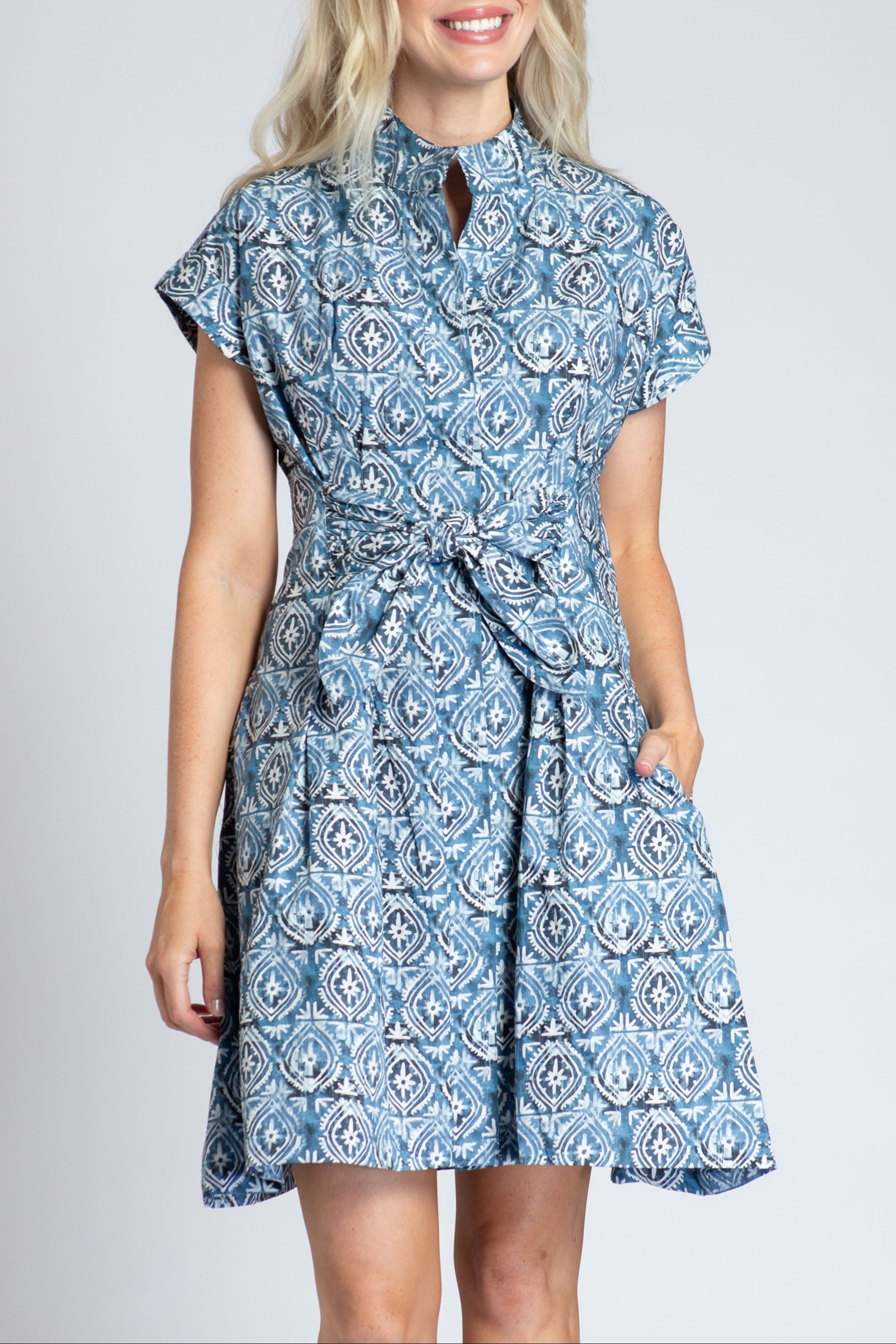 Geo Ogee Print - Short Sleeve Shirt Dress With Self Tie