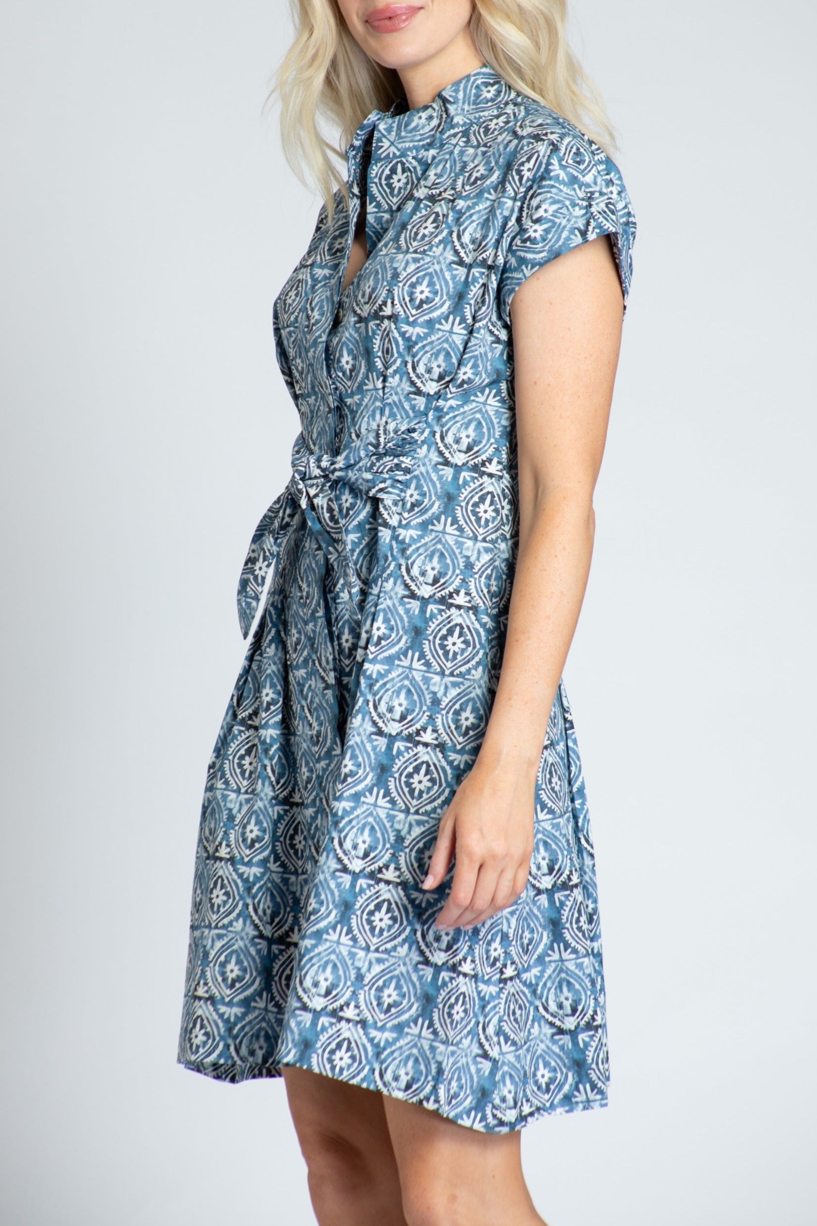 Geo Ogee Print - Short Sleeve Shirt Dress With Self Tie