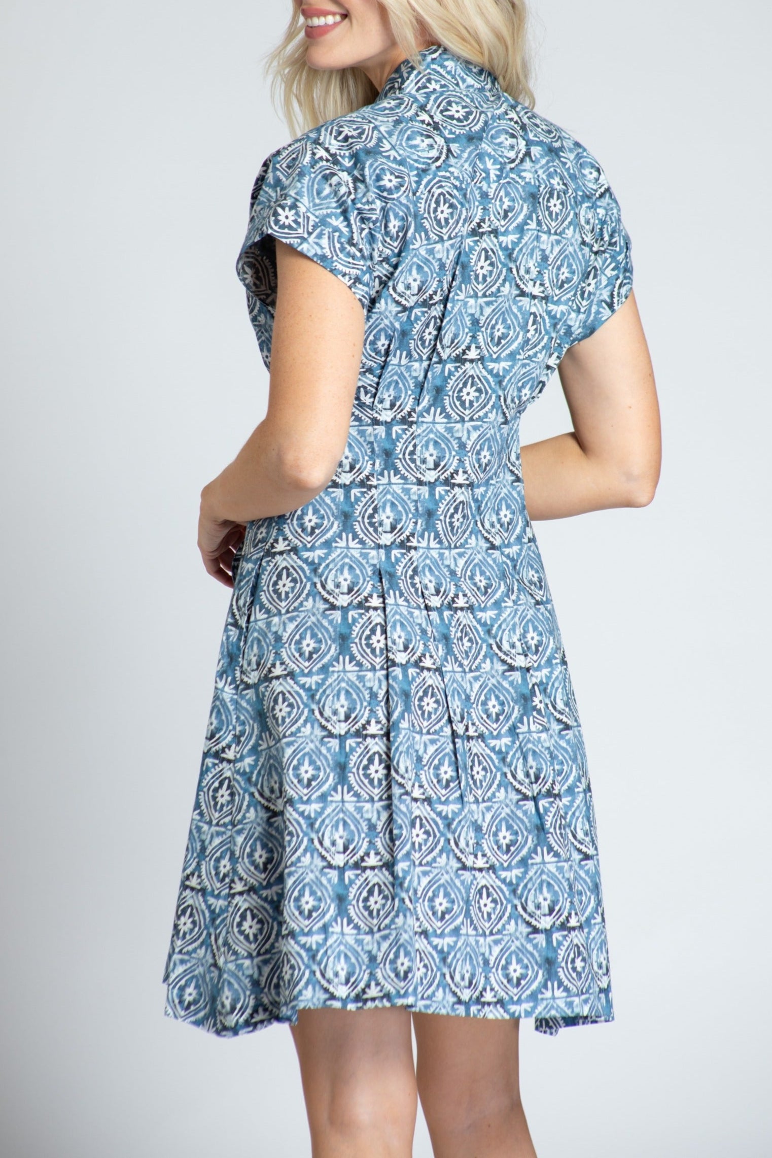 Geo Ogee Print - Short Sleeve Shirt Dress With Self Tie