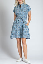 Geo Ogee Print - Short Sleeve Shirt Dress With Self Tie