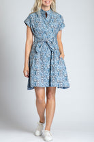 Geo Ogee Print - Short Sleeve Shirt Dress With Self Tie