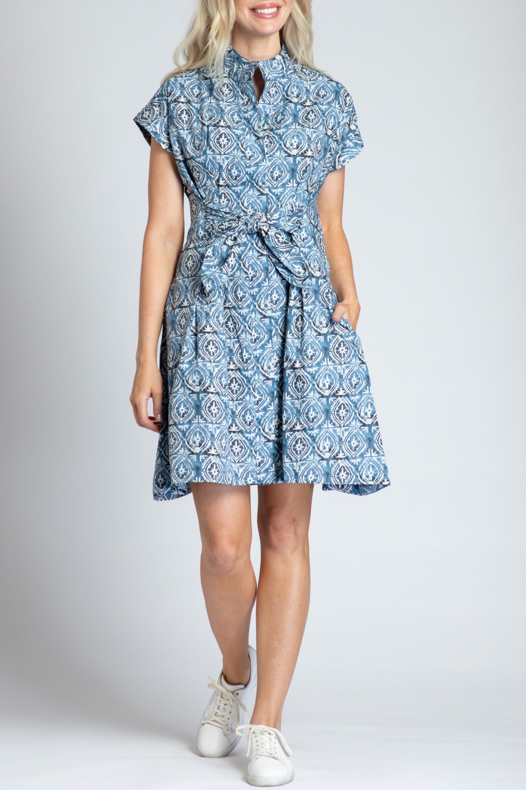 Geo Ogee Print - Short Sleeve Shirt Dress With Self Tie