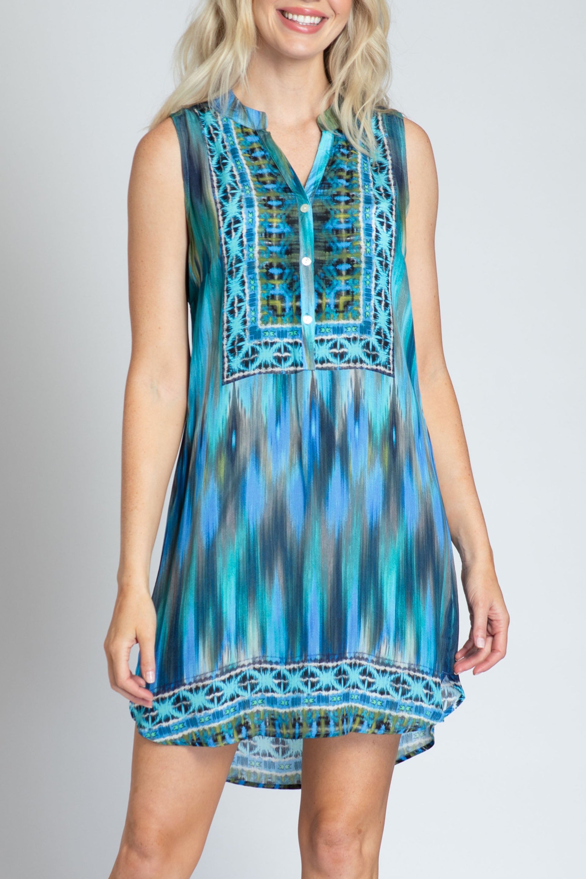 Blue/Green Brushstrokes Placement Print - Sleeveless 1/2 Button-up Dress
