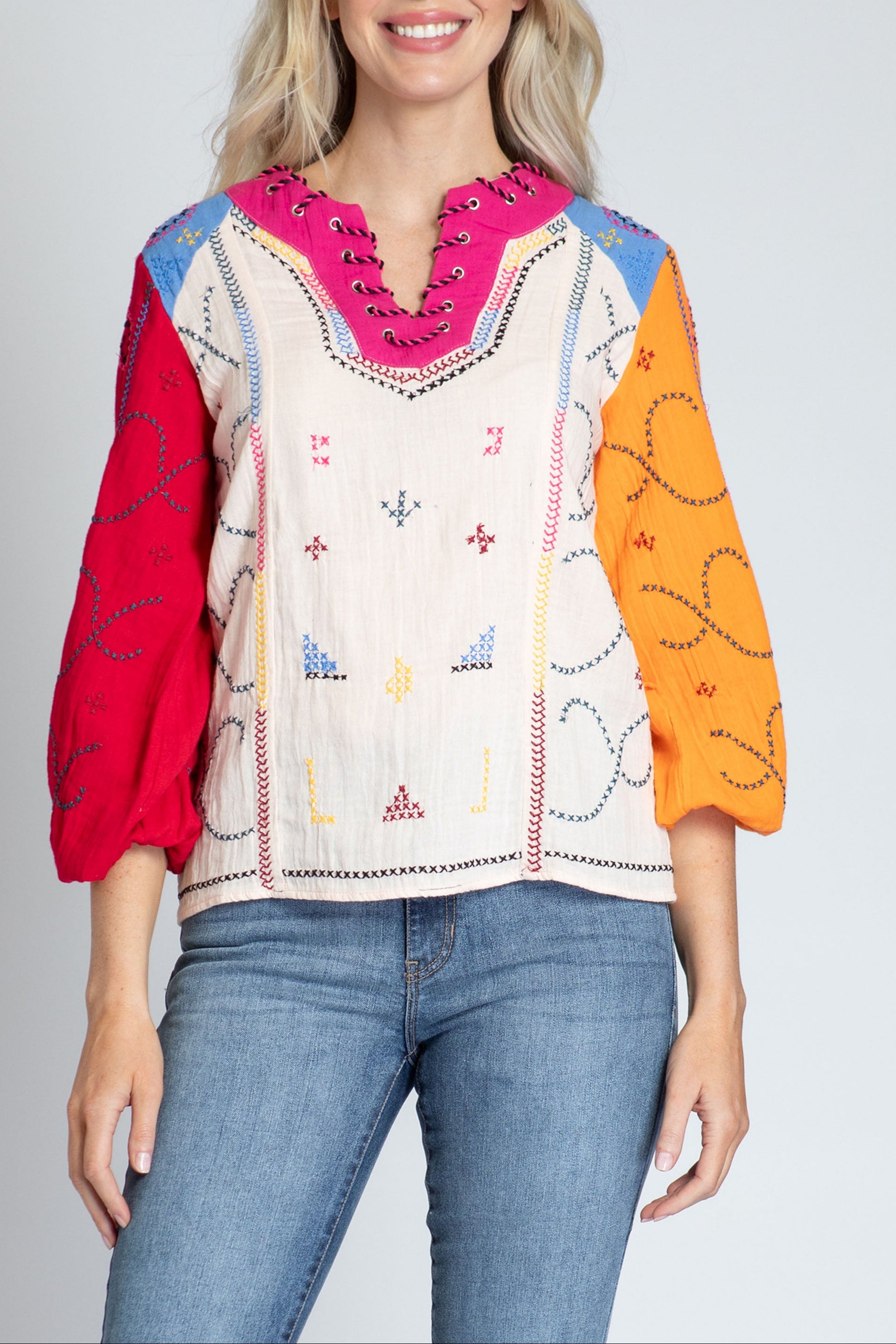 Color Block With Cross-Stitched Embroidery