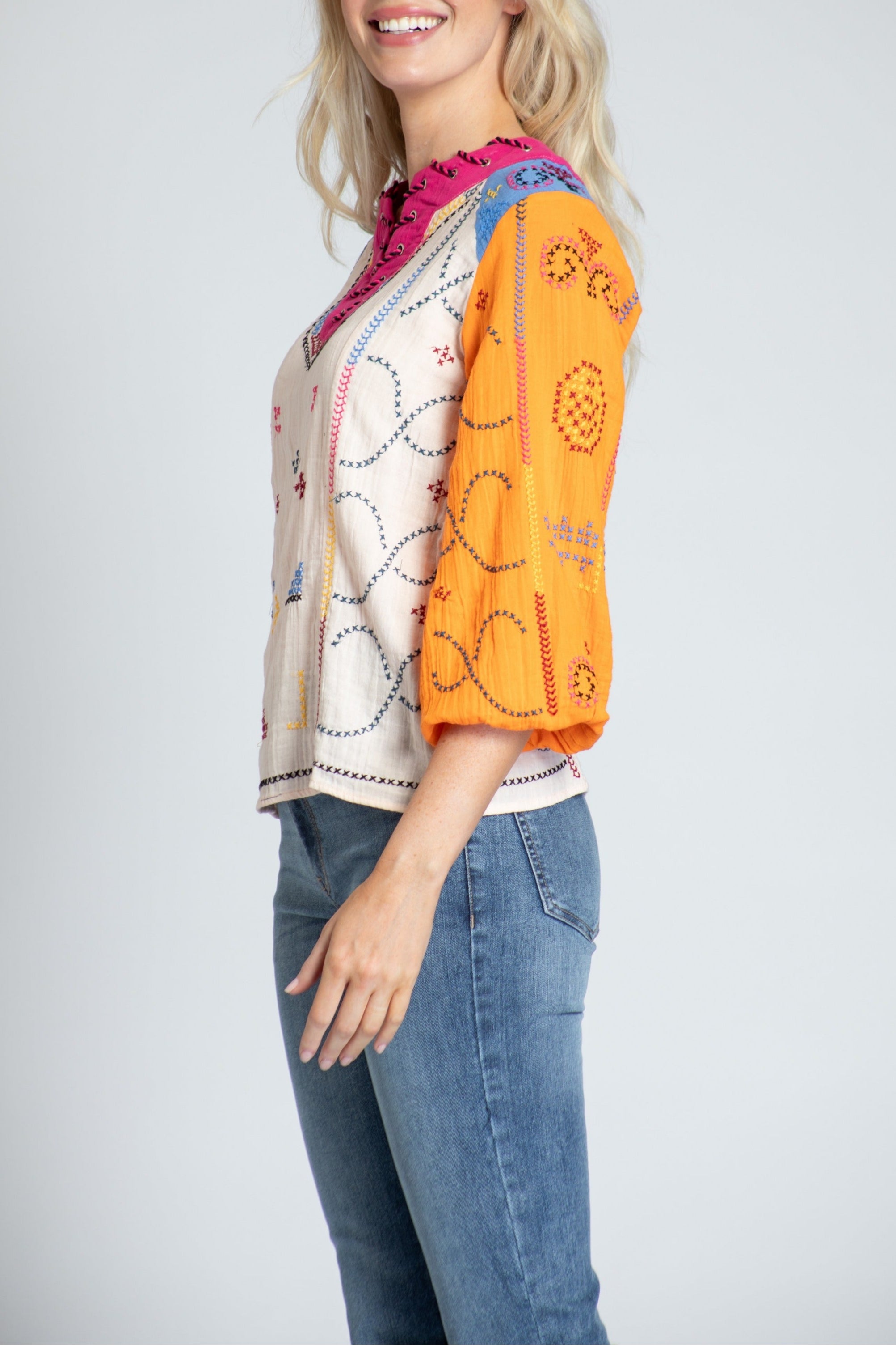 Color Block With Cross-Stitched Embroidery