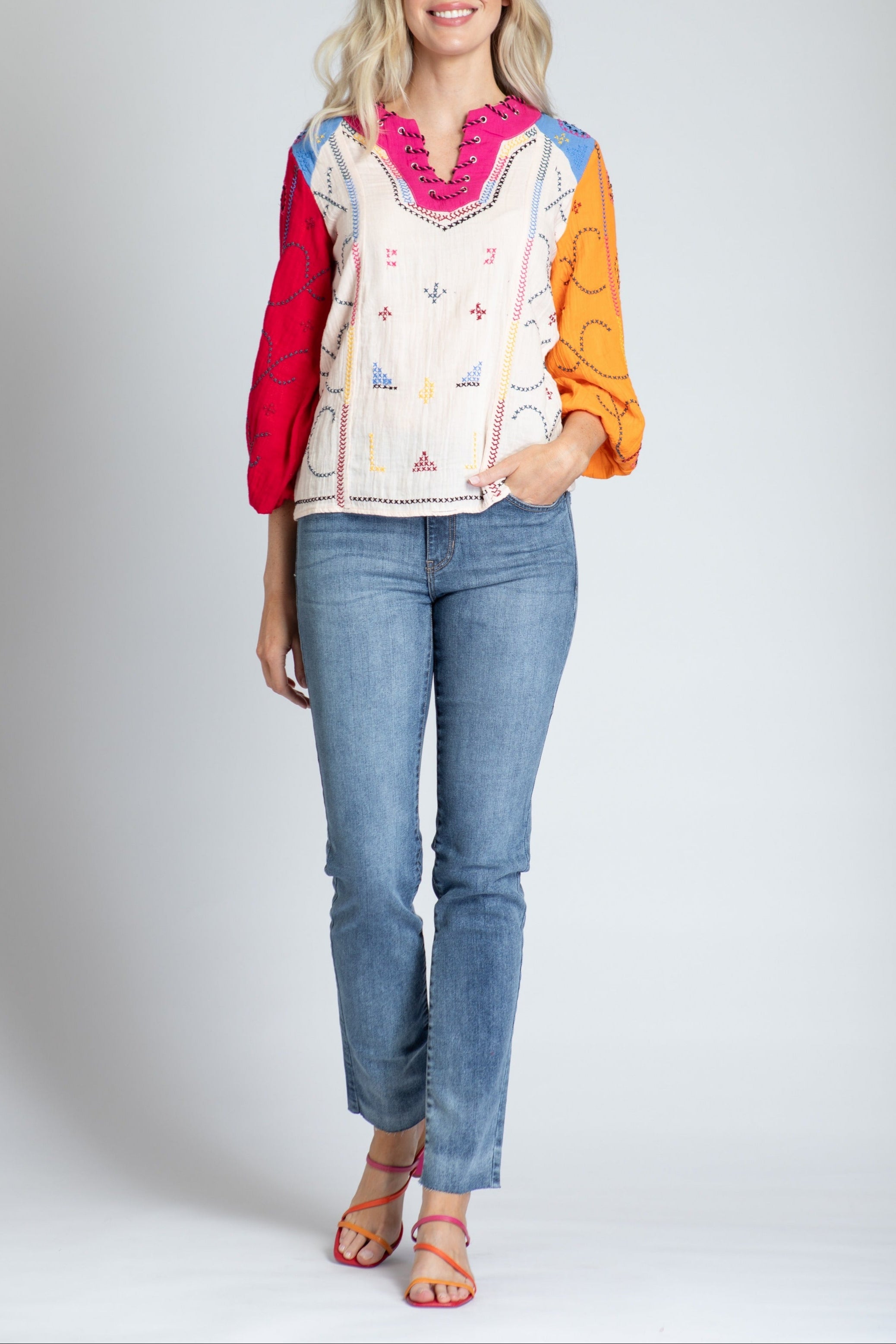 Color Block With Cross-Stitched Embroidery