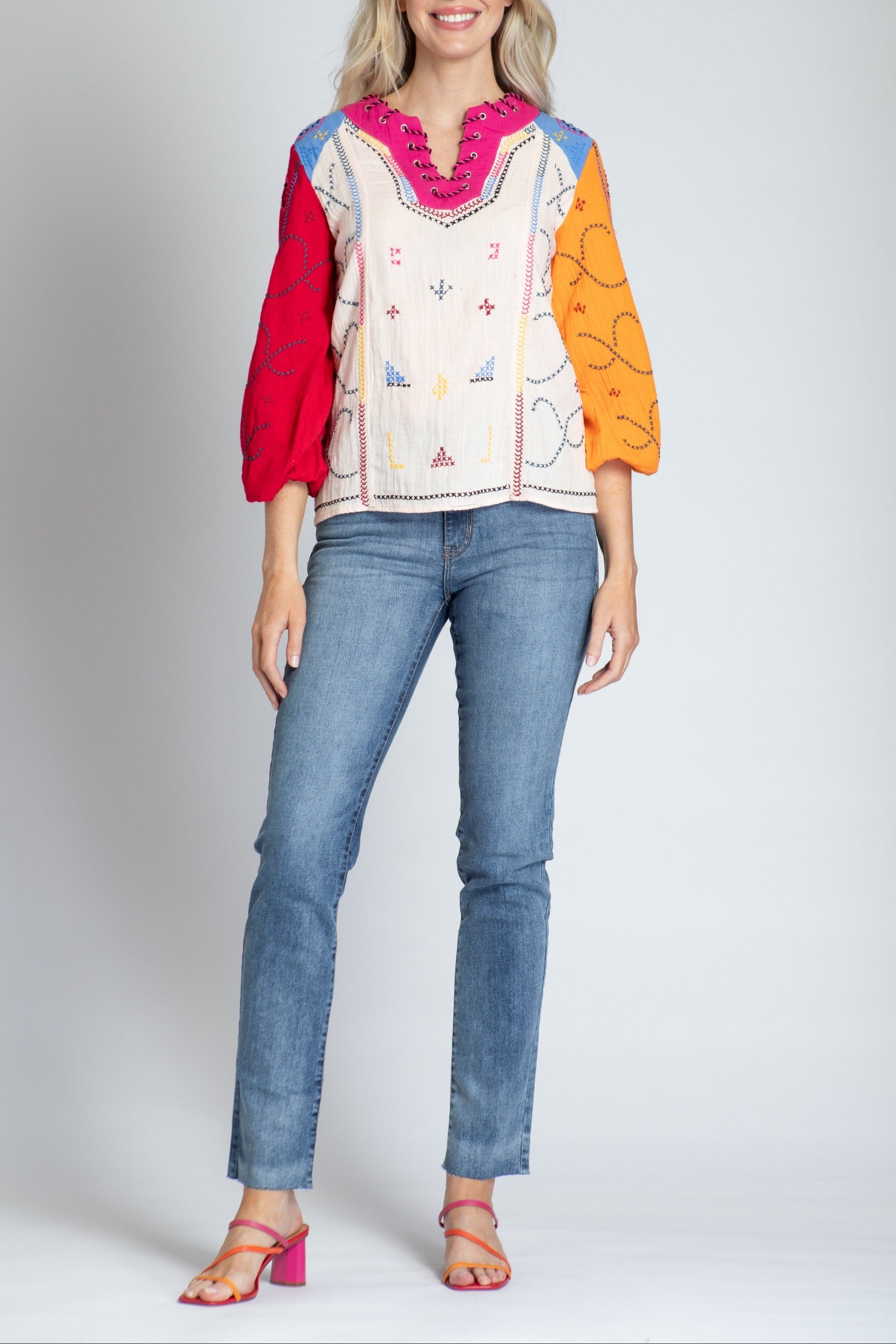 Color Block With Cross-Stitched Embroidery