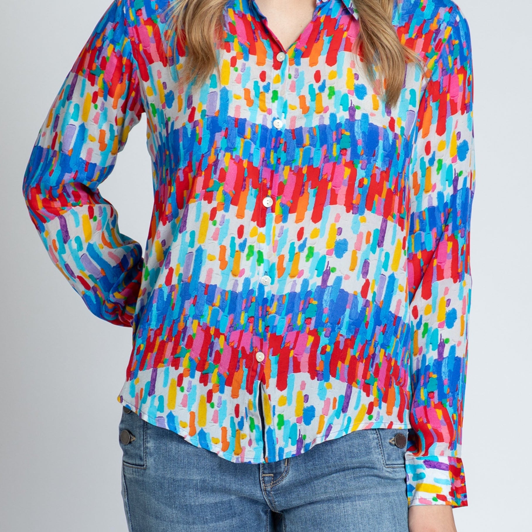 Multicolor Horizontal/ Vertical Brushes Print - Button-up With Roll-up Sleeve