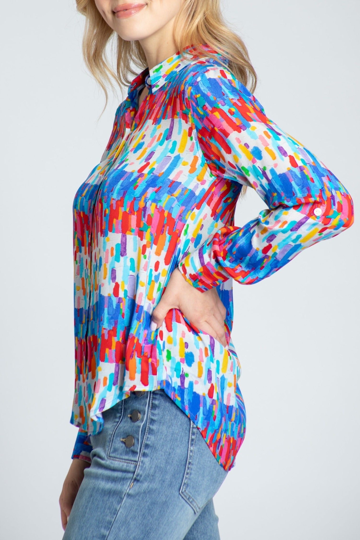 Multicolor Horizontal/ Vertical Brushes Print - Button-up With Roll-up Sleeve