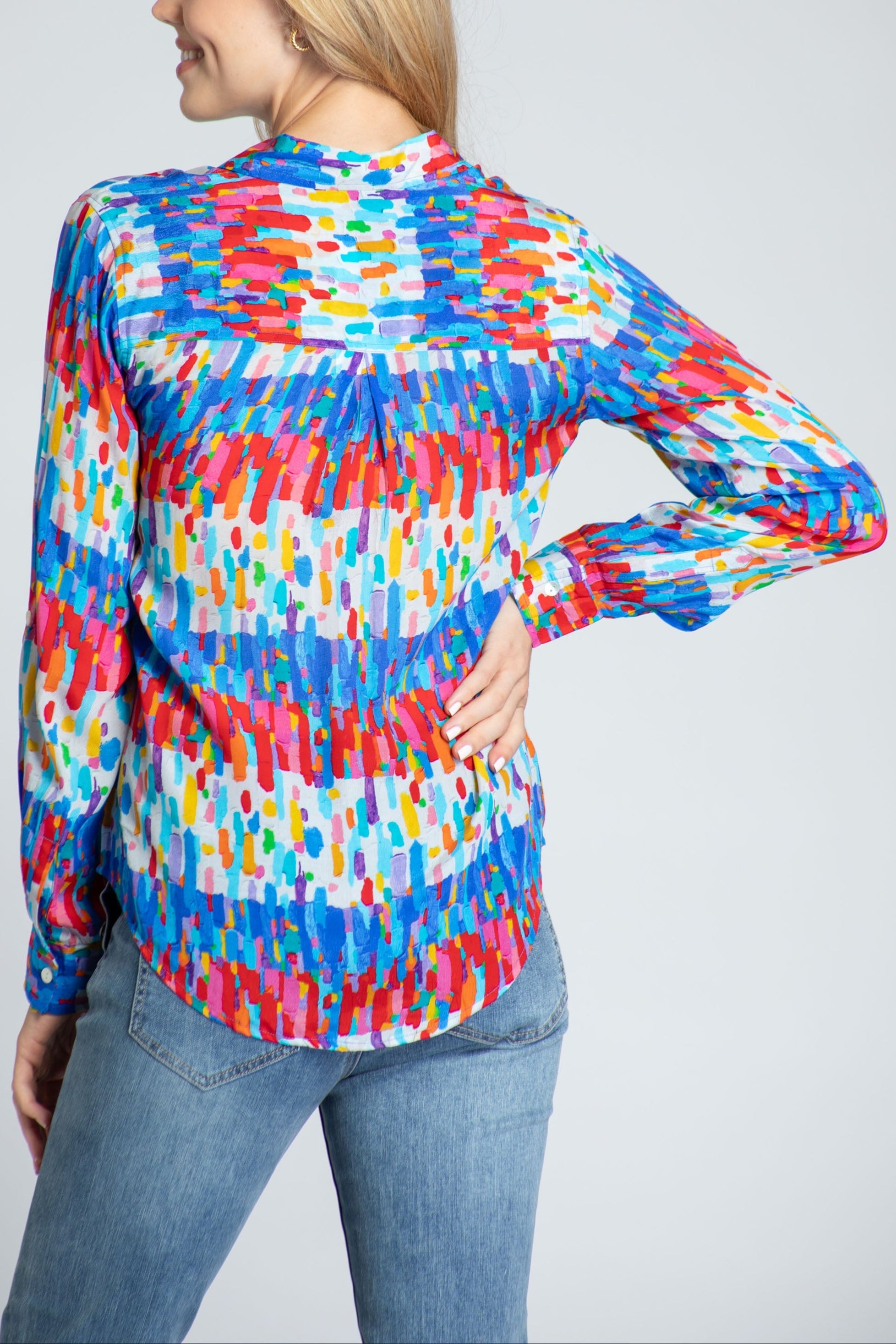 Multicolor Horizontal/ Vertical Brushes Print - Button-up With Roll-up Sleeve