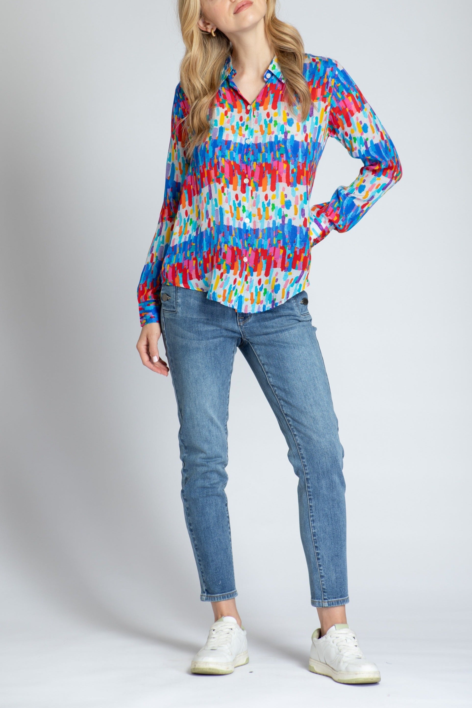 Multicolor Horizontal/ Vertical Brushes Print - Button-up With Roll-up Sleeve
