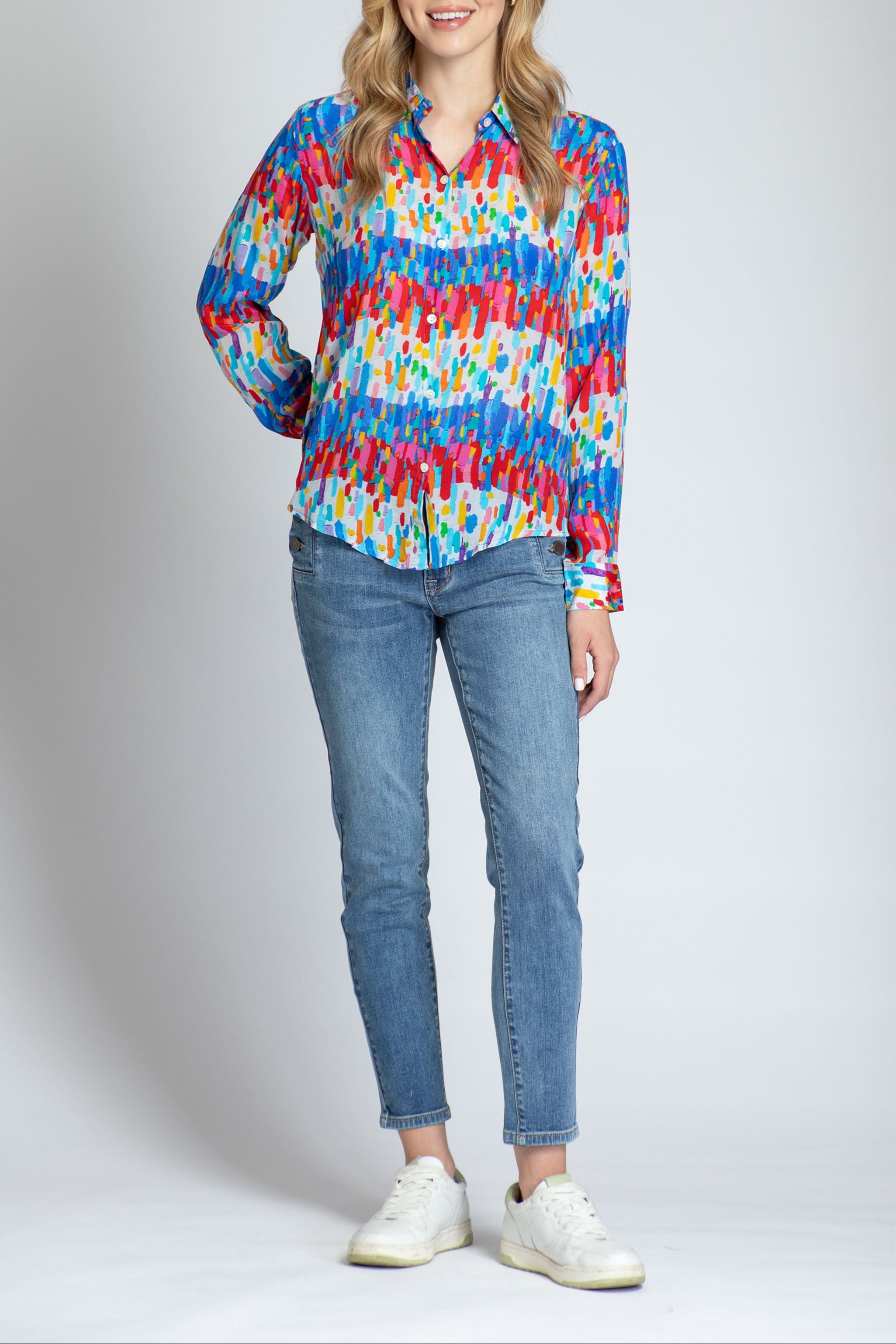 Multicolor Horizontal/ Vertical Brushes Print - Button-up With Roll-up Sleeve