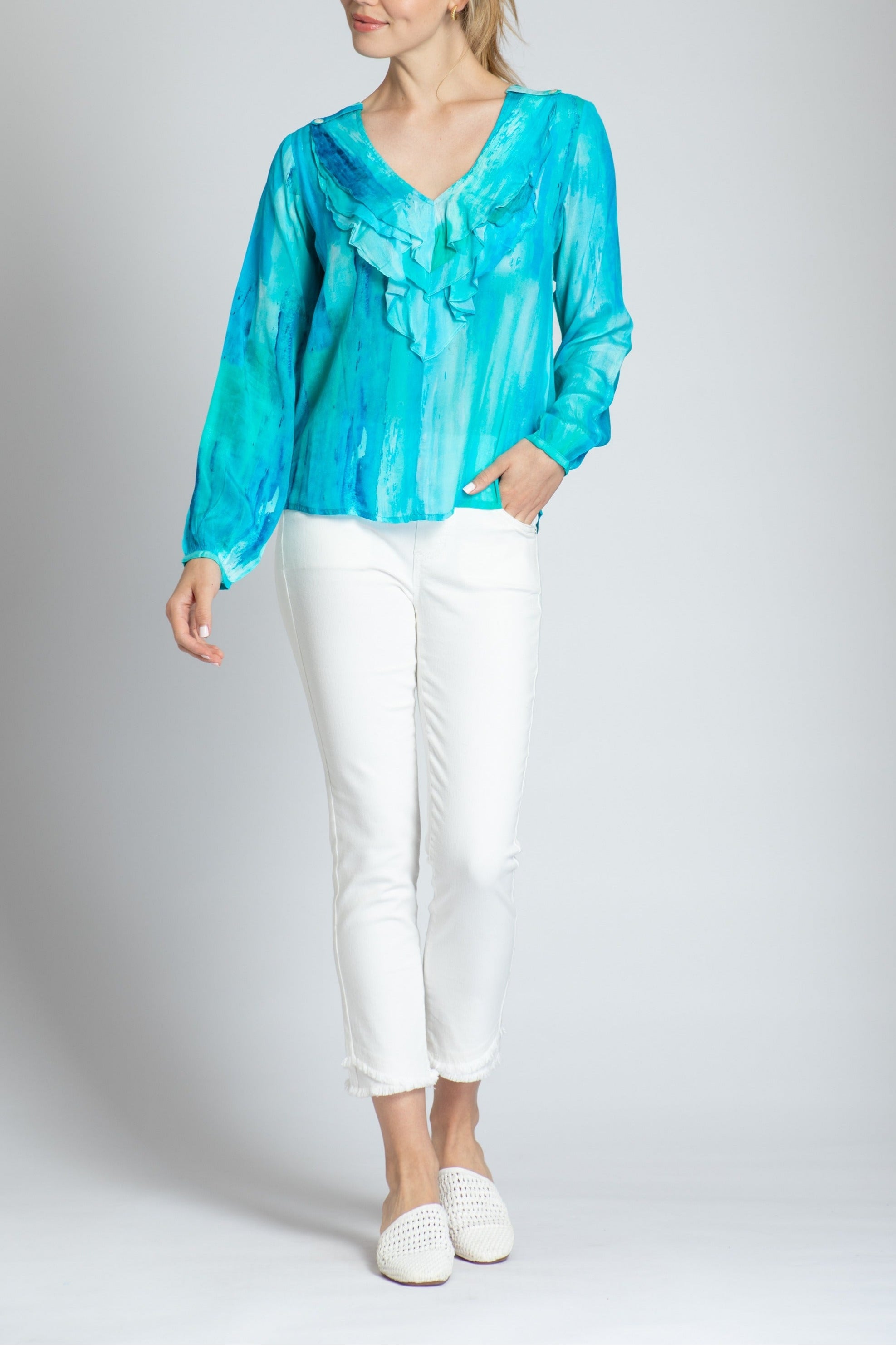 Ethereal Blue Watercolor Print Ruffle V-neck Blouse