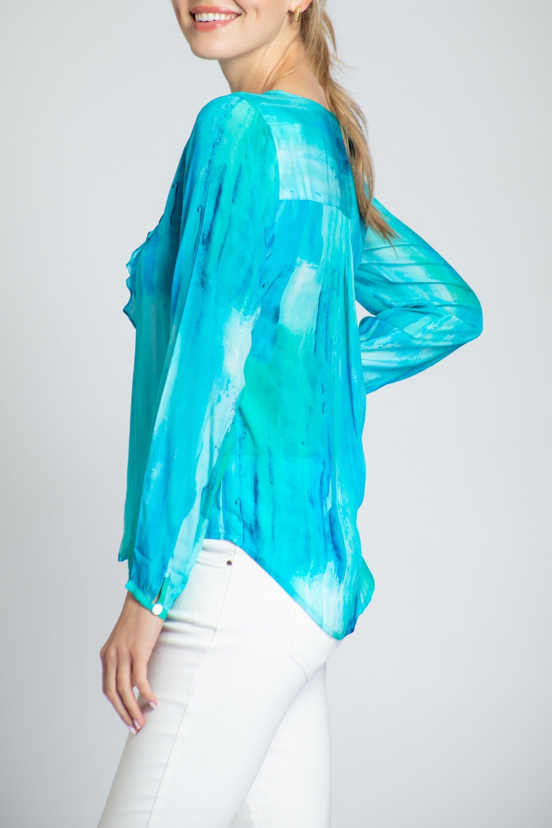 Ethereal Blue Watercolor Print Ruffle V-neck Blouse