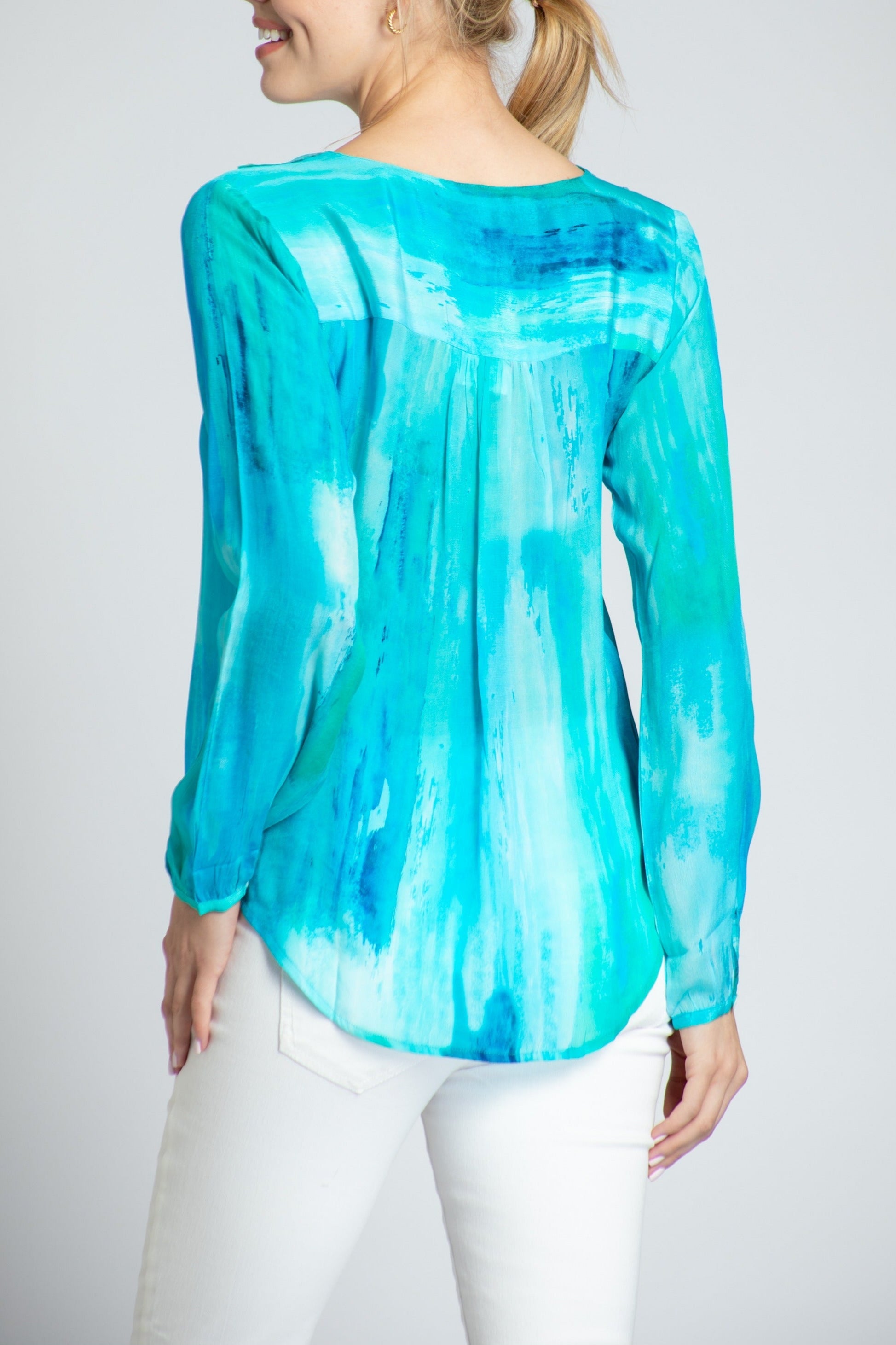 Ethereal Blue Watercolor Print Ruffle V-neck Blouse