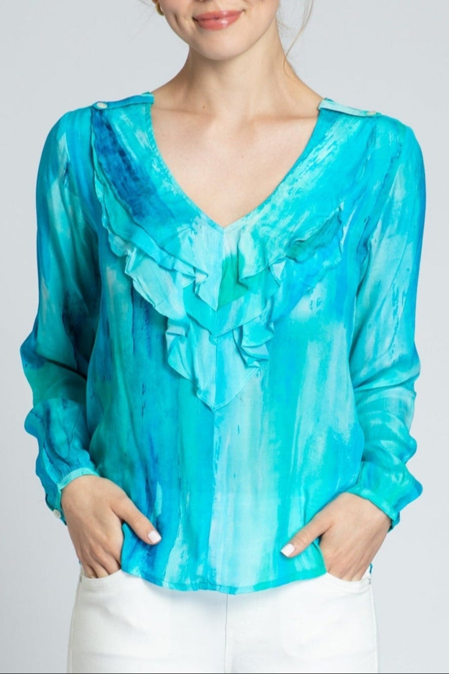 Ethereal Blue Watercolor Print Ruffle V-neck Blouse