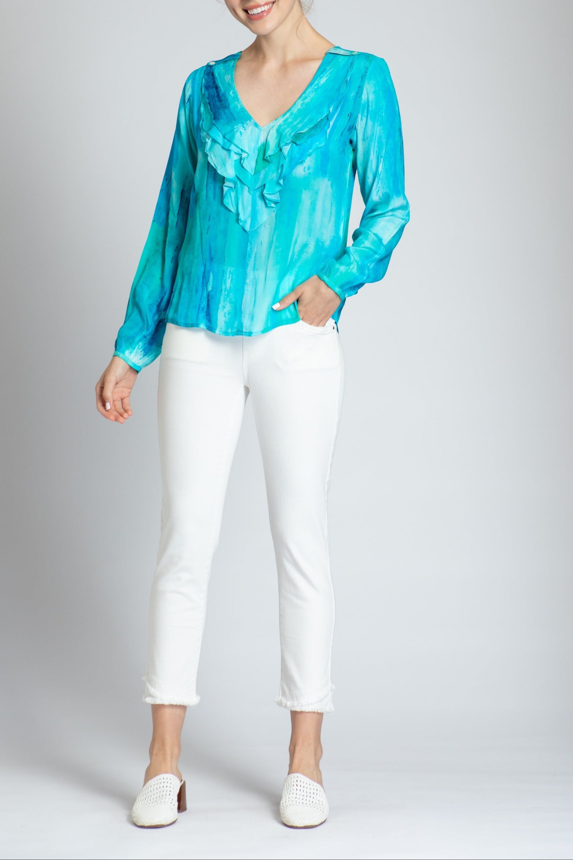 Ethereal Blue Watercolor Print Ruffle V-neck Blouse