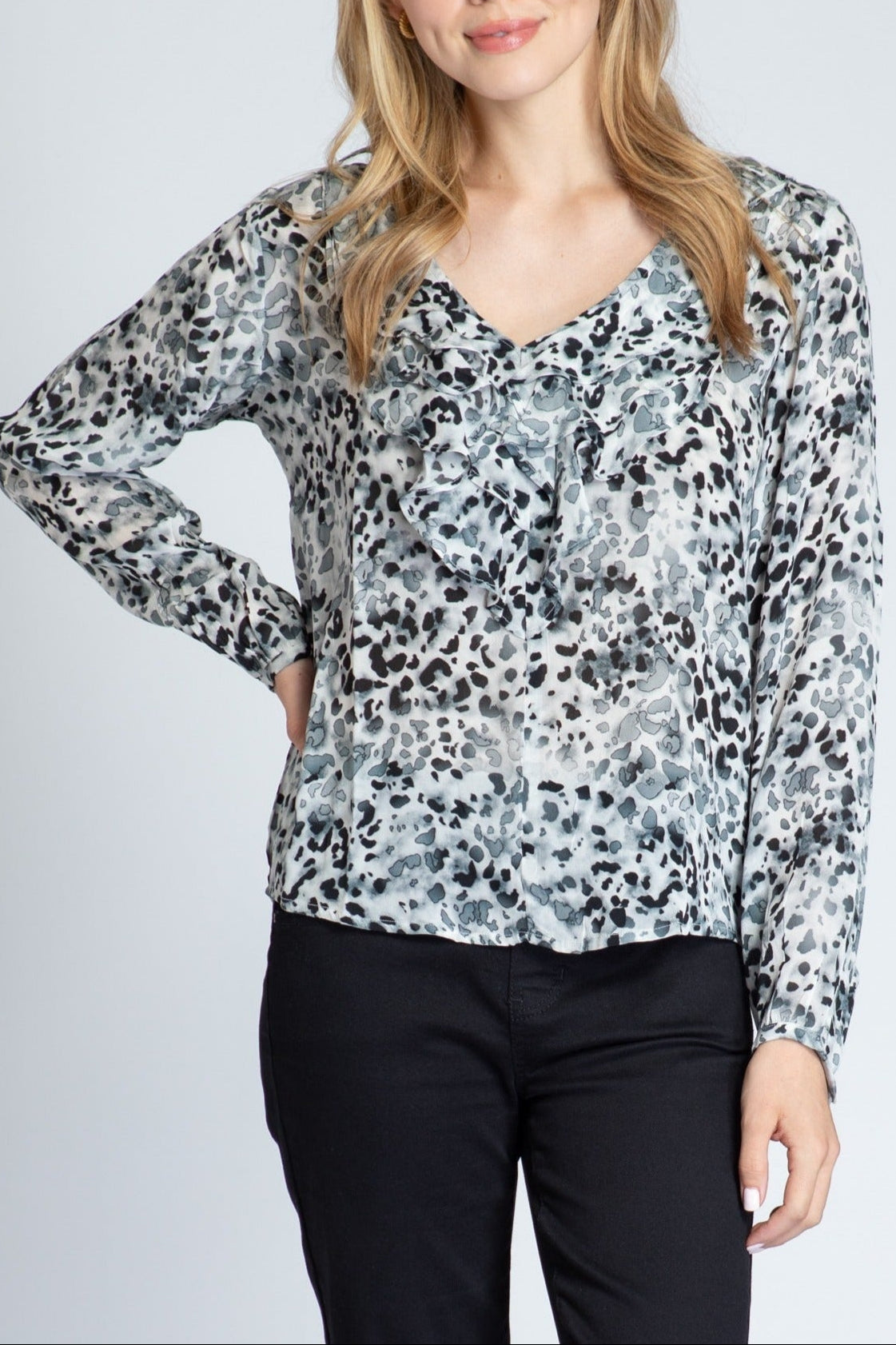 Monochrome Spotted Elegance - Ruffle V-neck Blouse
