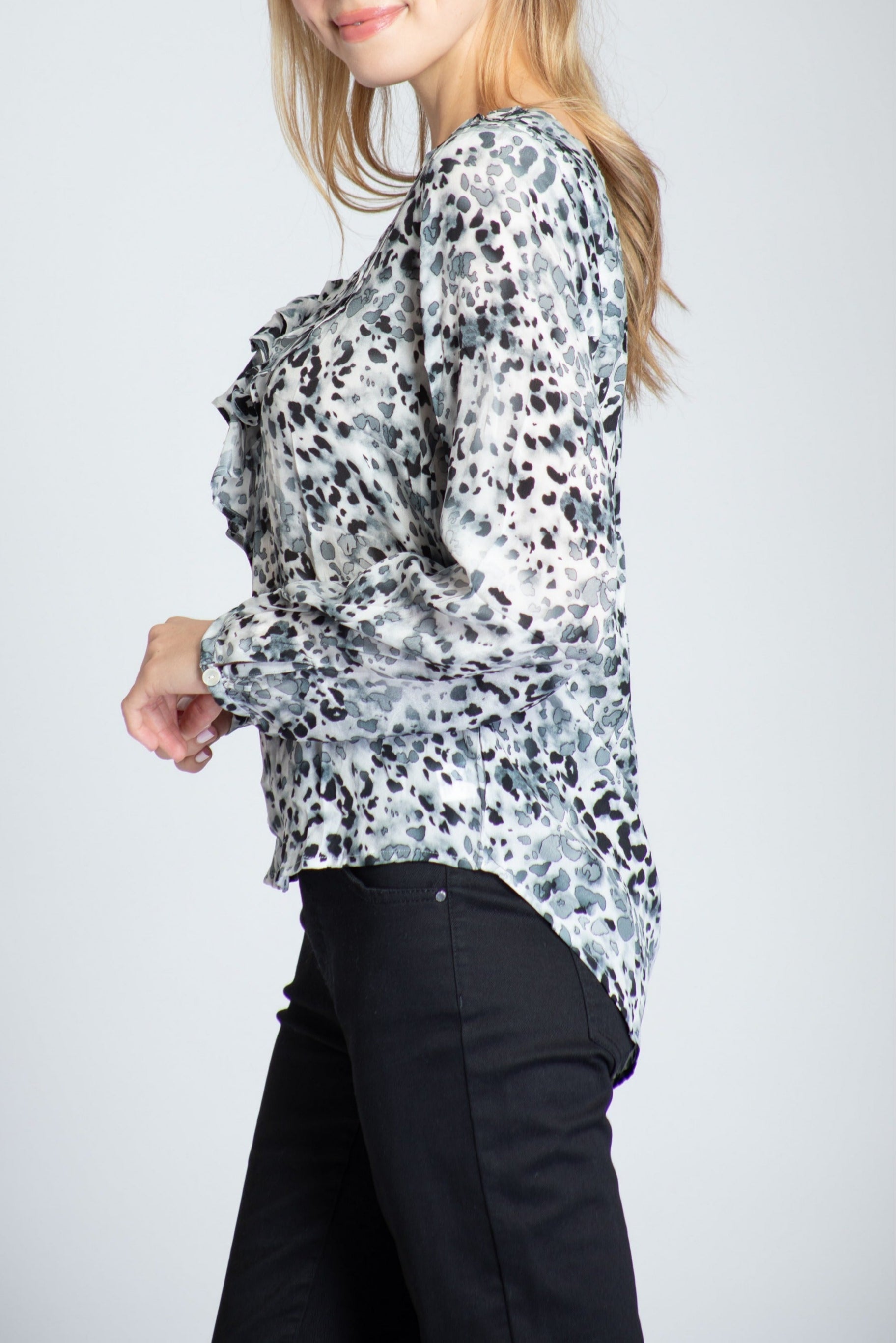 Monochrome Spotted Elegance - Ruffle V-neck Blouse