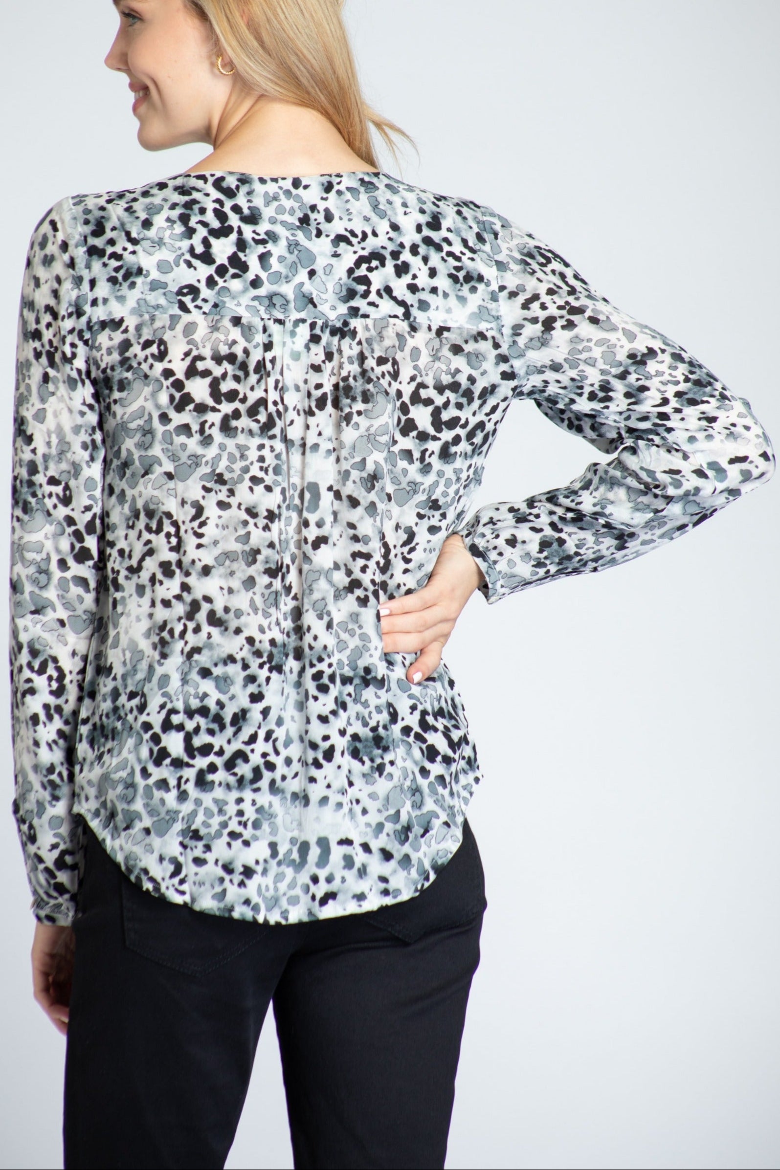 Monochrome Spotted Elegance - Ruffle V-neck Blouse