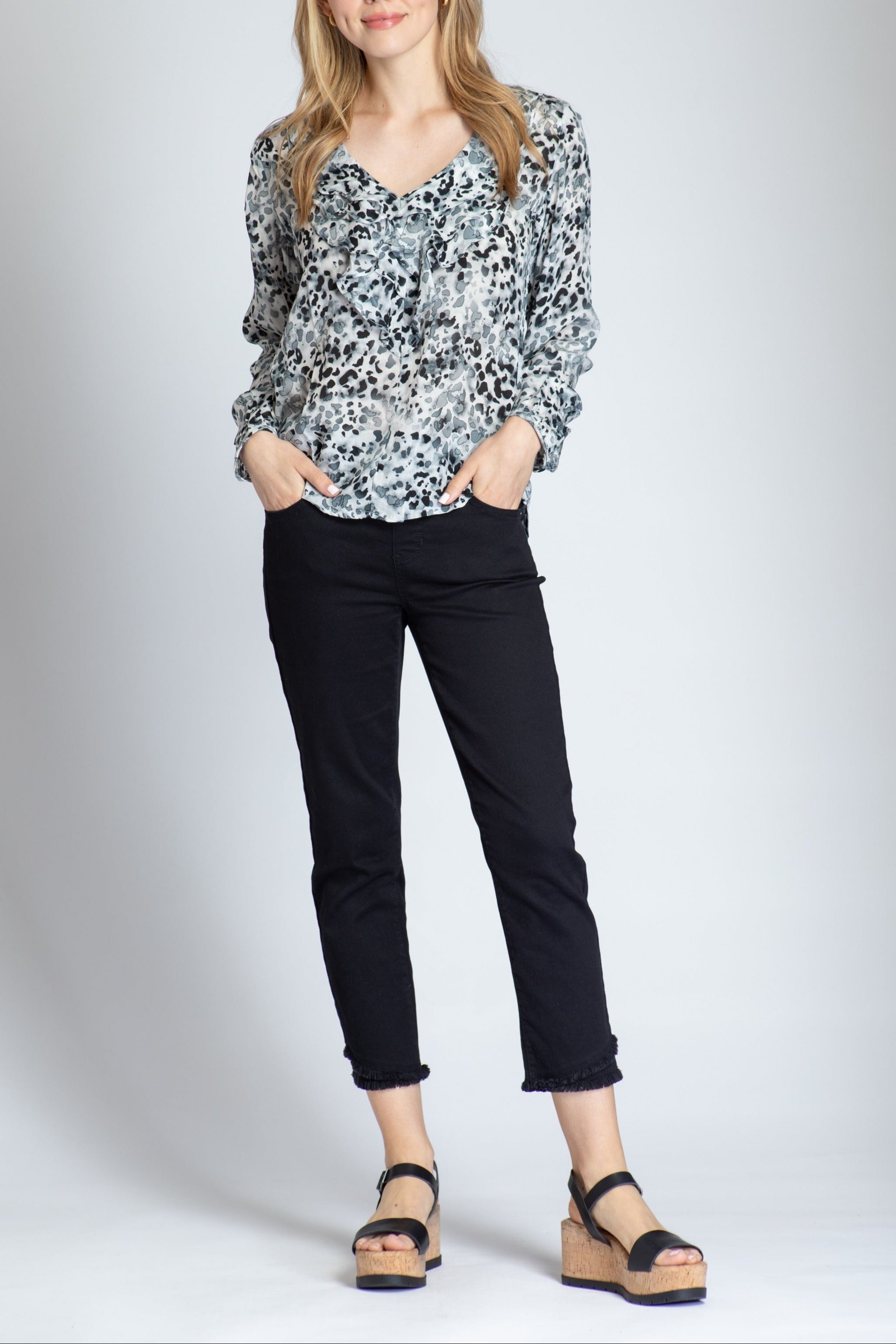 Monochrome Spotted Elegance - Ruffle V-neck Blouse