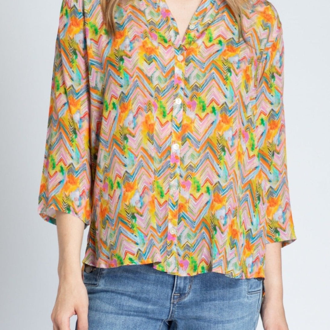 Colorful Chevron Rhapsody - 3/4 Sleeve Mandarin Collar Button-up