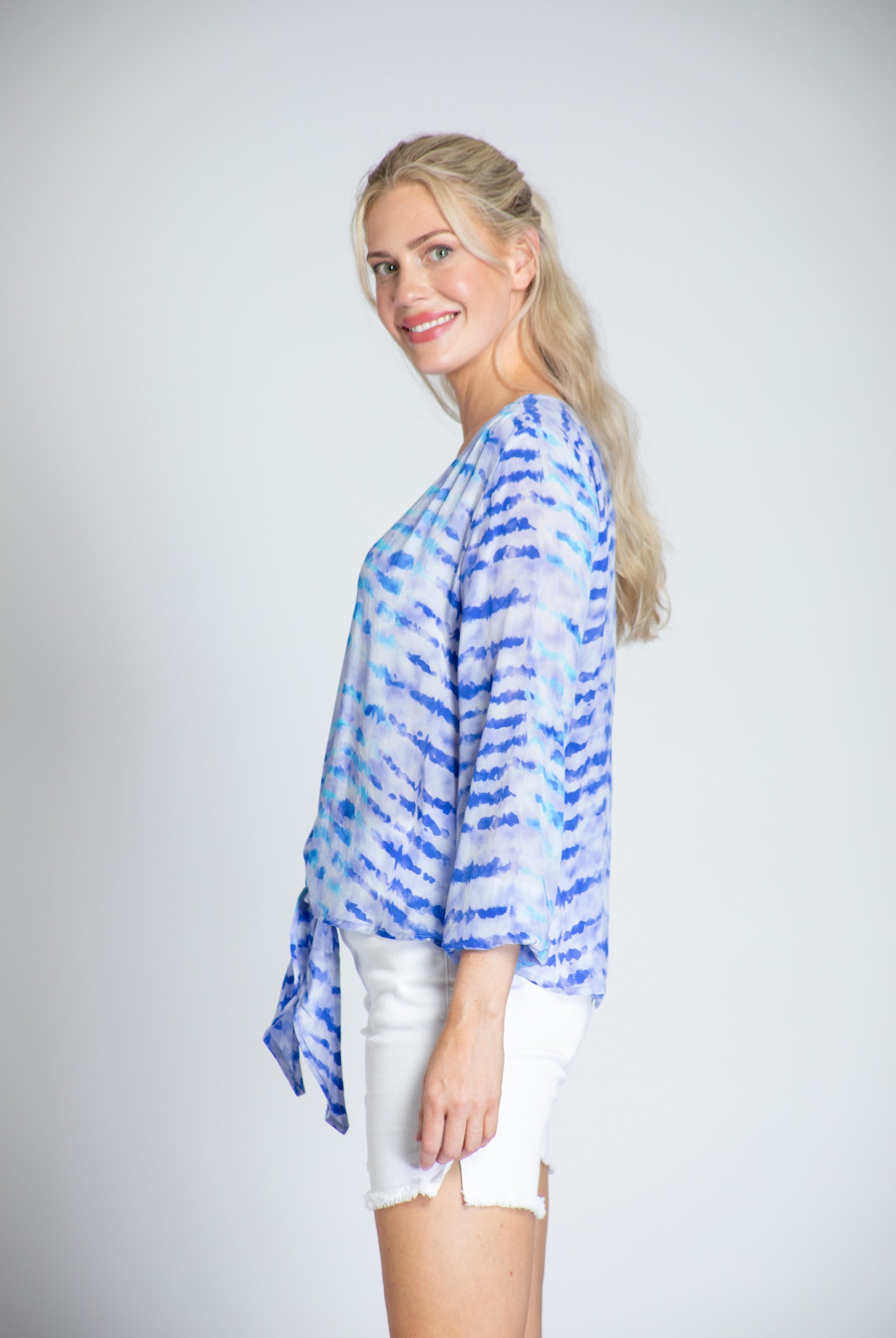 Blue & Turquoise Textured Stripe - V-neck Tie Front Top